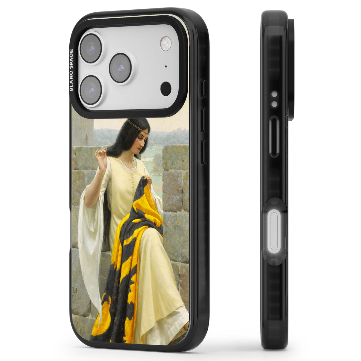 Stitching the Standard renaissance art iPhone case featuring a medieval lady sewing a golden banner on a castle wall | Clear Impact case for iPhone 17 Pro, iPhone 17 Pro Max