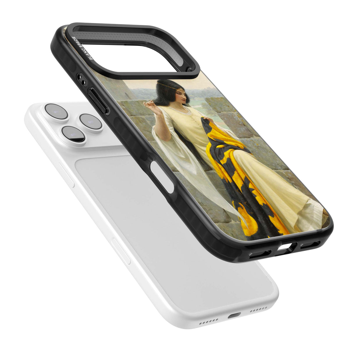 Stitching the Standard renaissance art iPhone case featuring a medieval lady sewing a golden banner on a castle wall | Clear Impact case for iPhone 17 Pro, iPhone 17 Pro Max