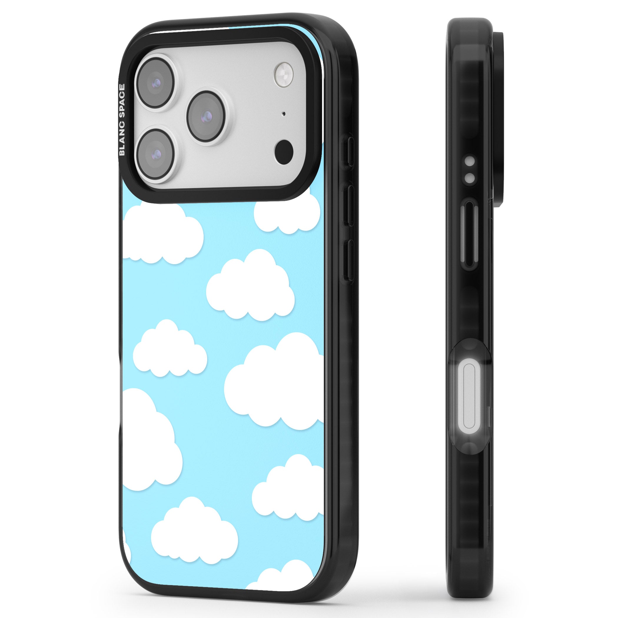 Blue Sky & Clouds Pattern iPhone 17 Pro Max Impact Black Phone Case Side Profile