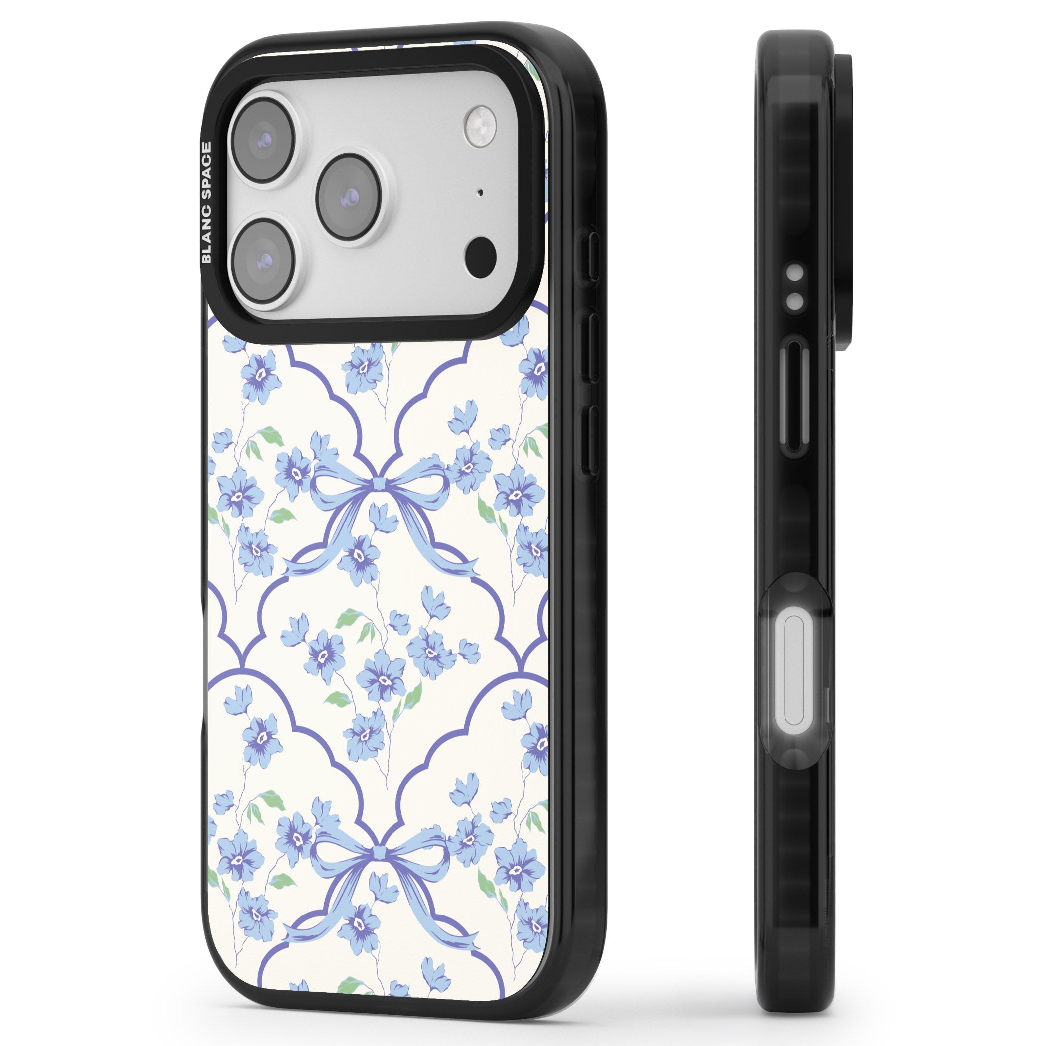 Blue Cottage Floral iPhone 17 Pro Max Impact Black Phone Case Side Profile