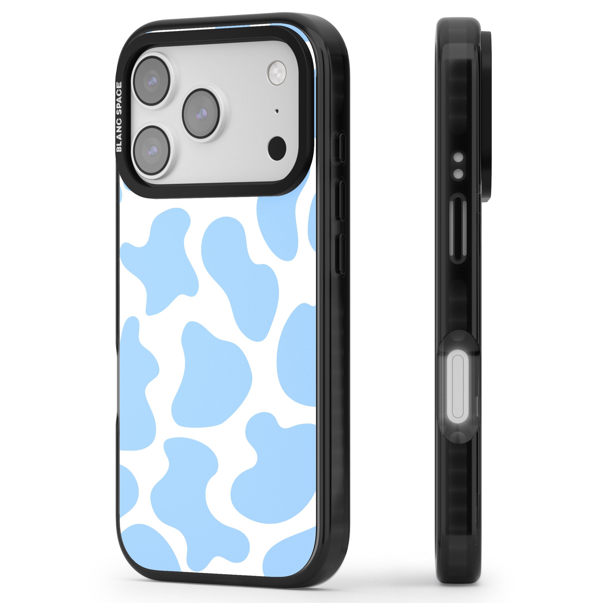 Blue And White Cow Print iPhone 17 Pro Max Impact Black Phone Case Side Profile