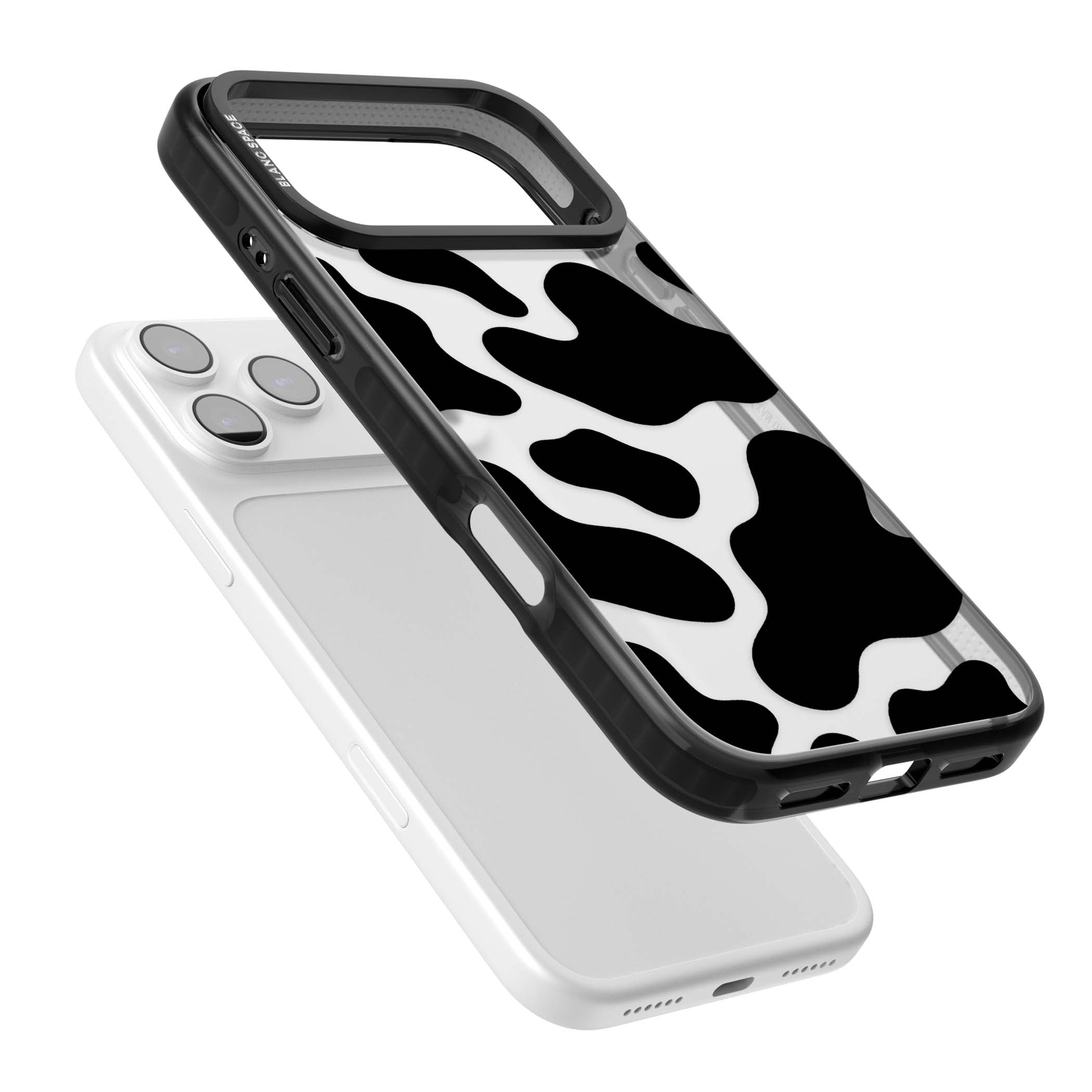 Clear Cow Print cow print iPhone case featuring black and white cow pattern splotches on a clear background | Clear Impact case for iPhone 17 Pro, iPhone 17 Pro Max