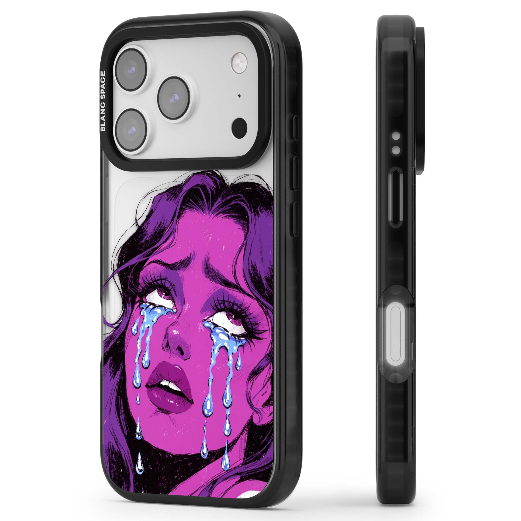 Drama Queen pop art iPhone case featuring a purple crying comic girl with blue tears | Clear Impact case for iPhone 17 Pro, iPhone 17 Pro Max