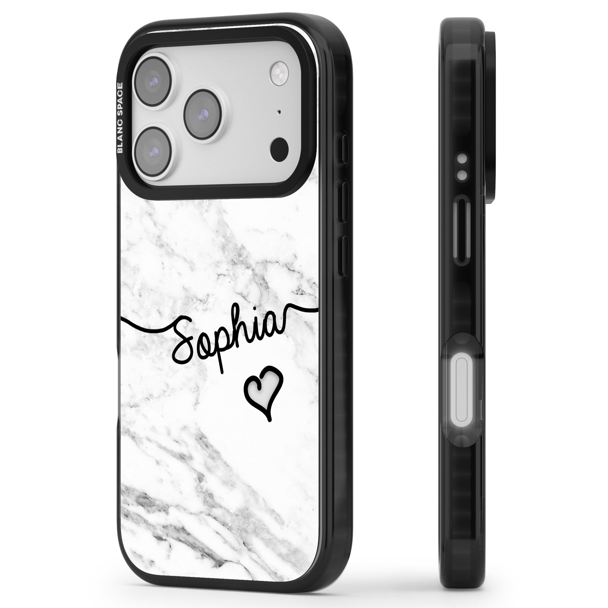 Personalised White Marble Heart iPhone 17 Pro Max Impact Black Phone Case Side Profile