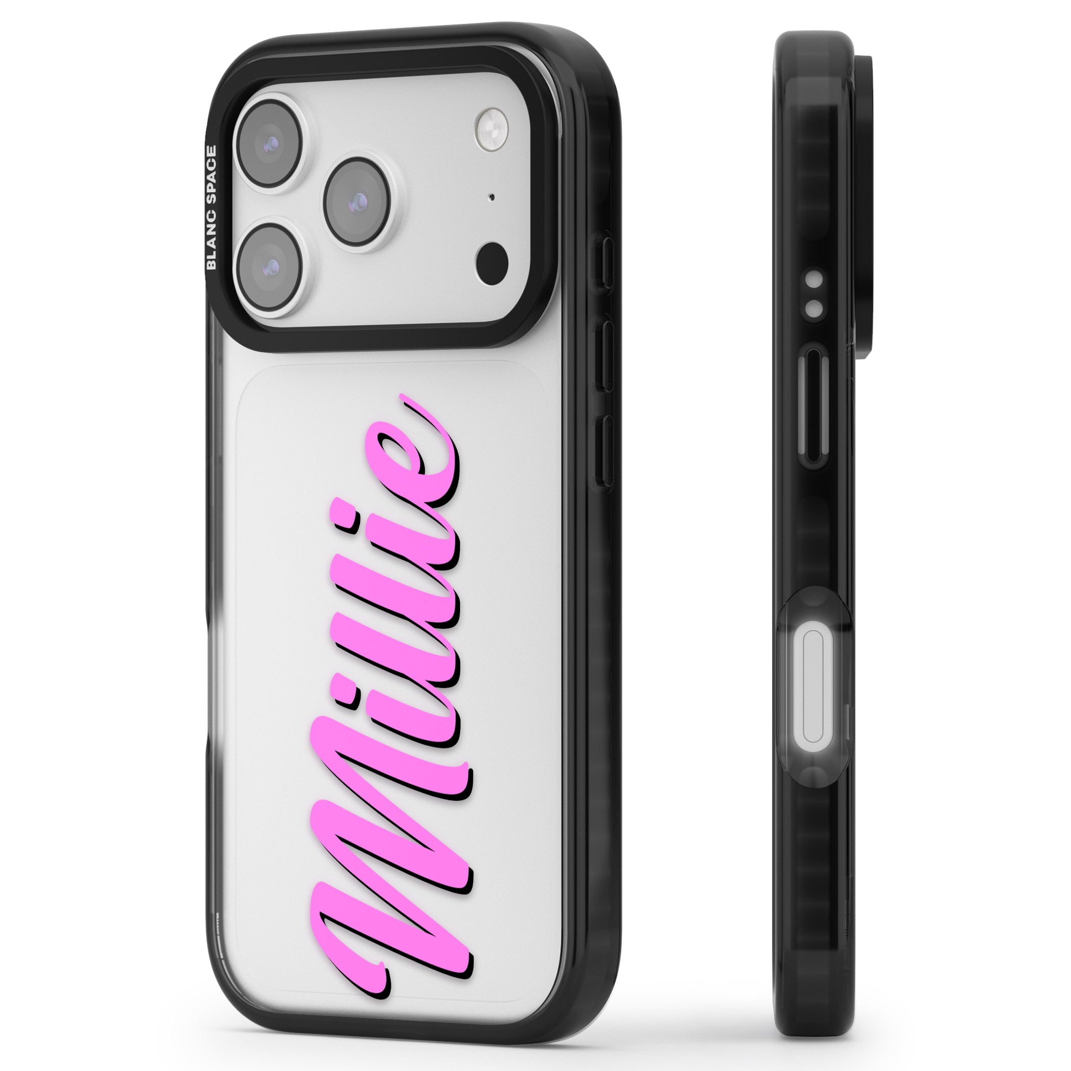 Personalised Cute Vertical Name iPhone 17 Pro Max Impact Black Phone Case Side Profile