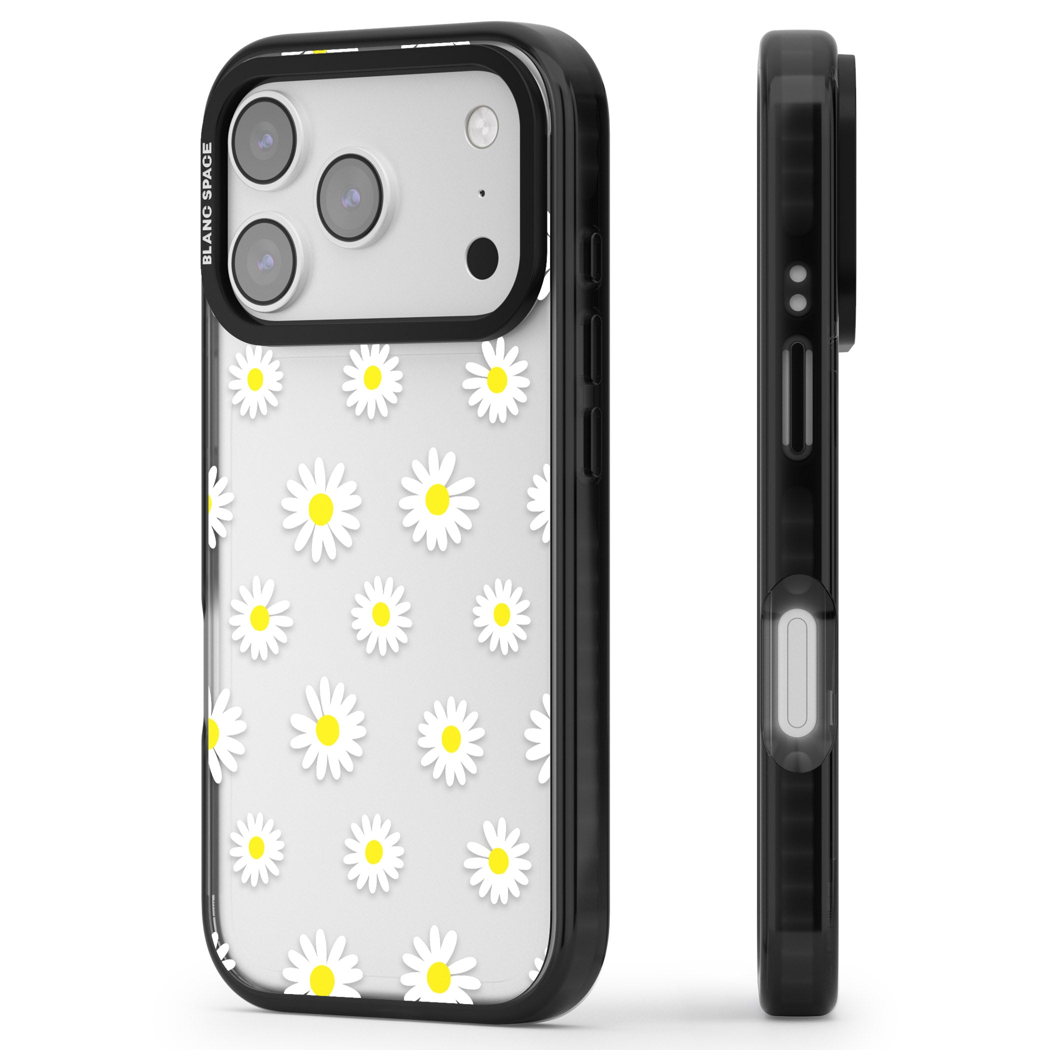 Personalised White Daisy Pattern iPhone 17 Pro Max Impact Black Phone Case Side Profile