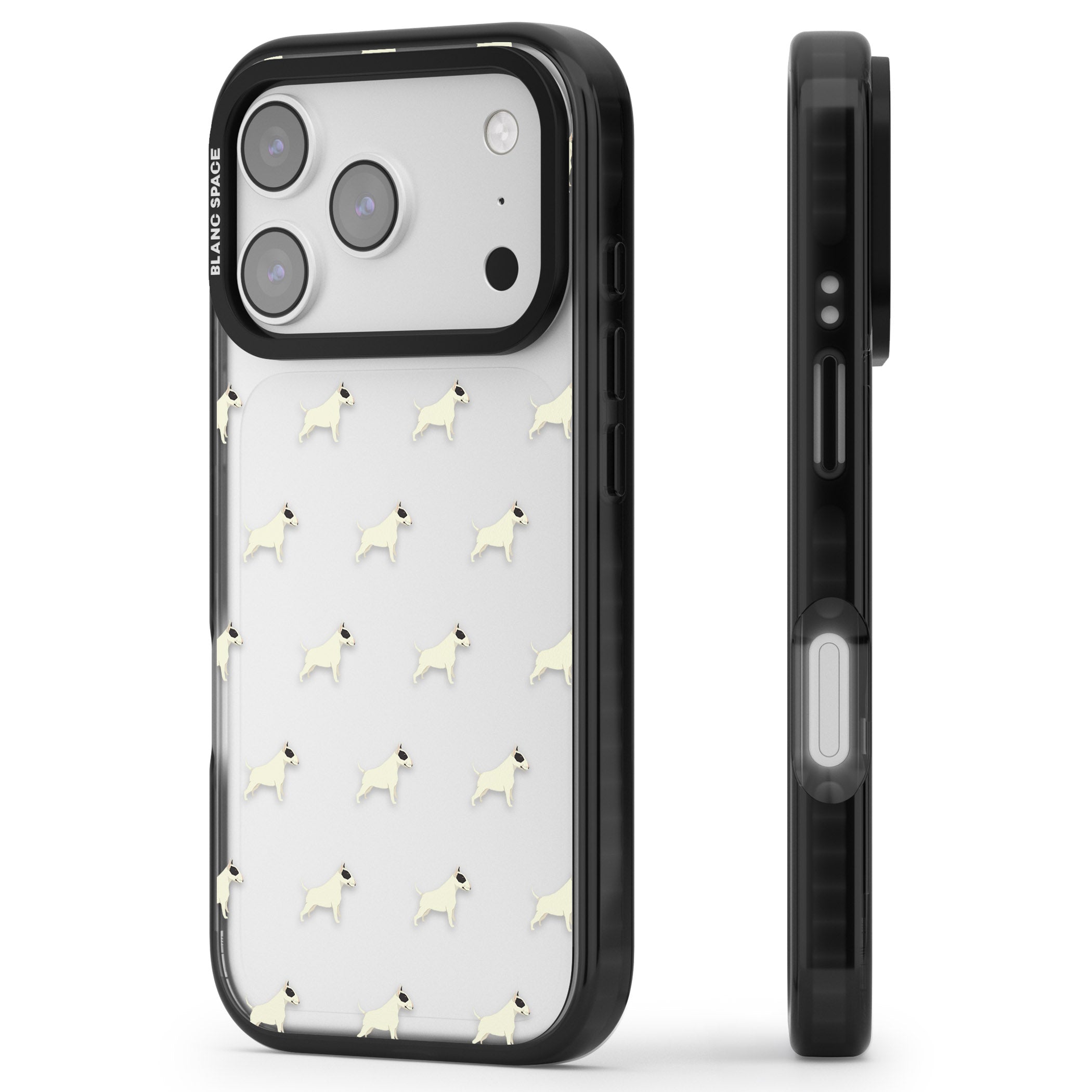 Bull Terrier Pattern iPhone 17 Pro Max Impact Black Phone Case Side Profile