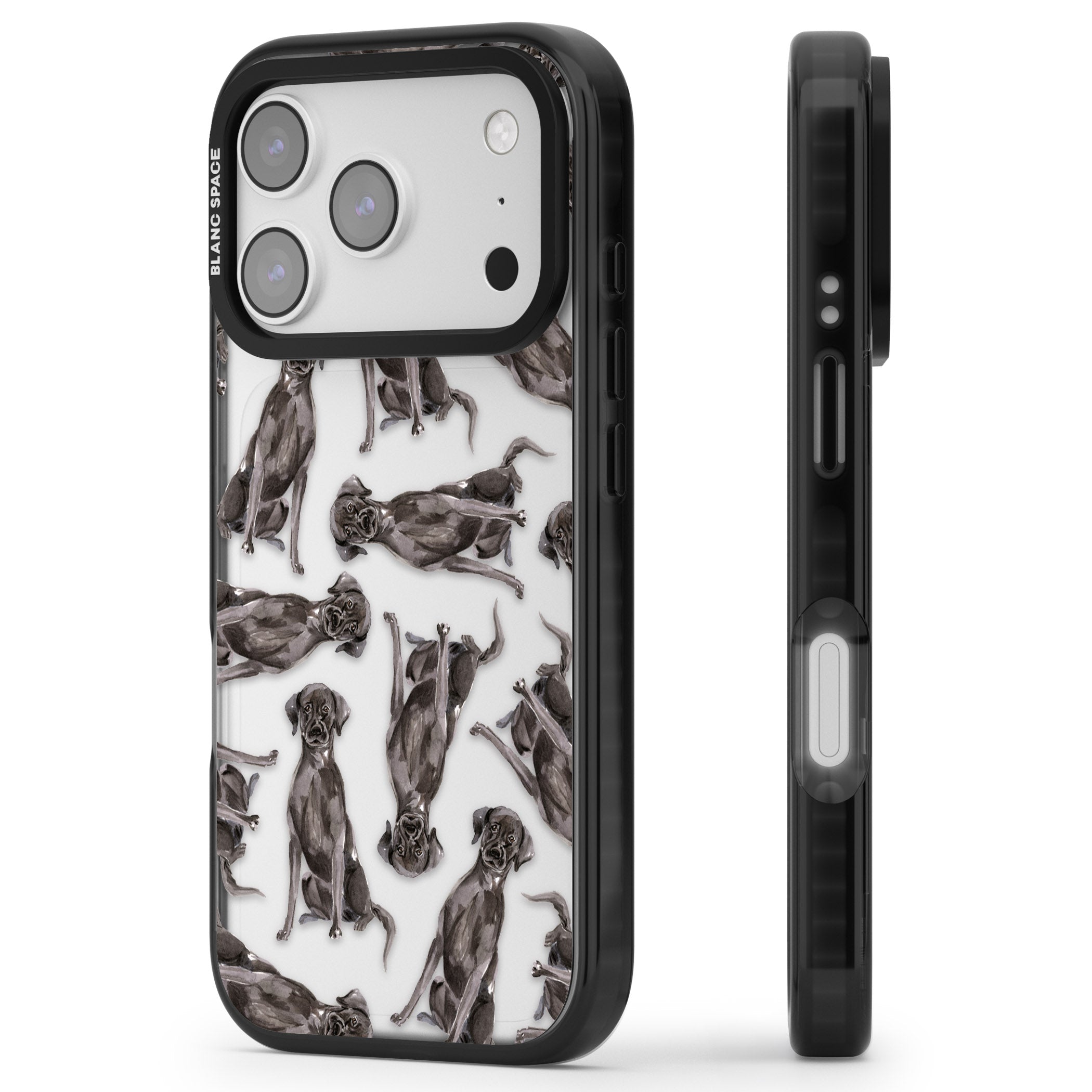 Black Labrador Watercolor Pattern iPhone 17 Pro Max Impact Black Phone Case Side Profile