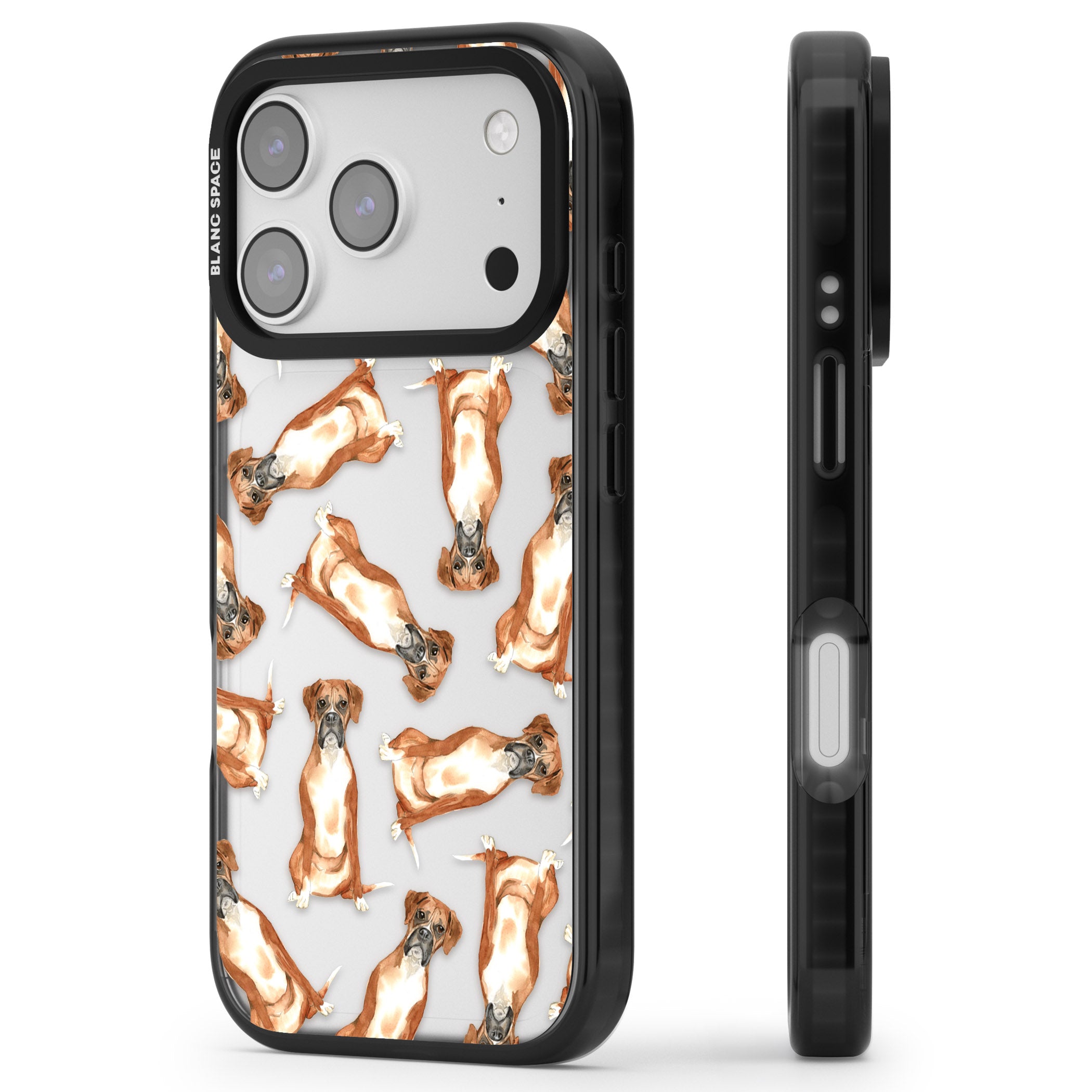 Boxer Watercolor Dog Pattern iPhone 17 Pro Max Impact Black Phone Case Side Profile