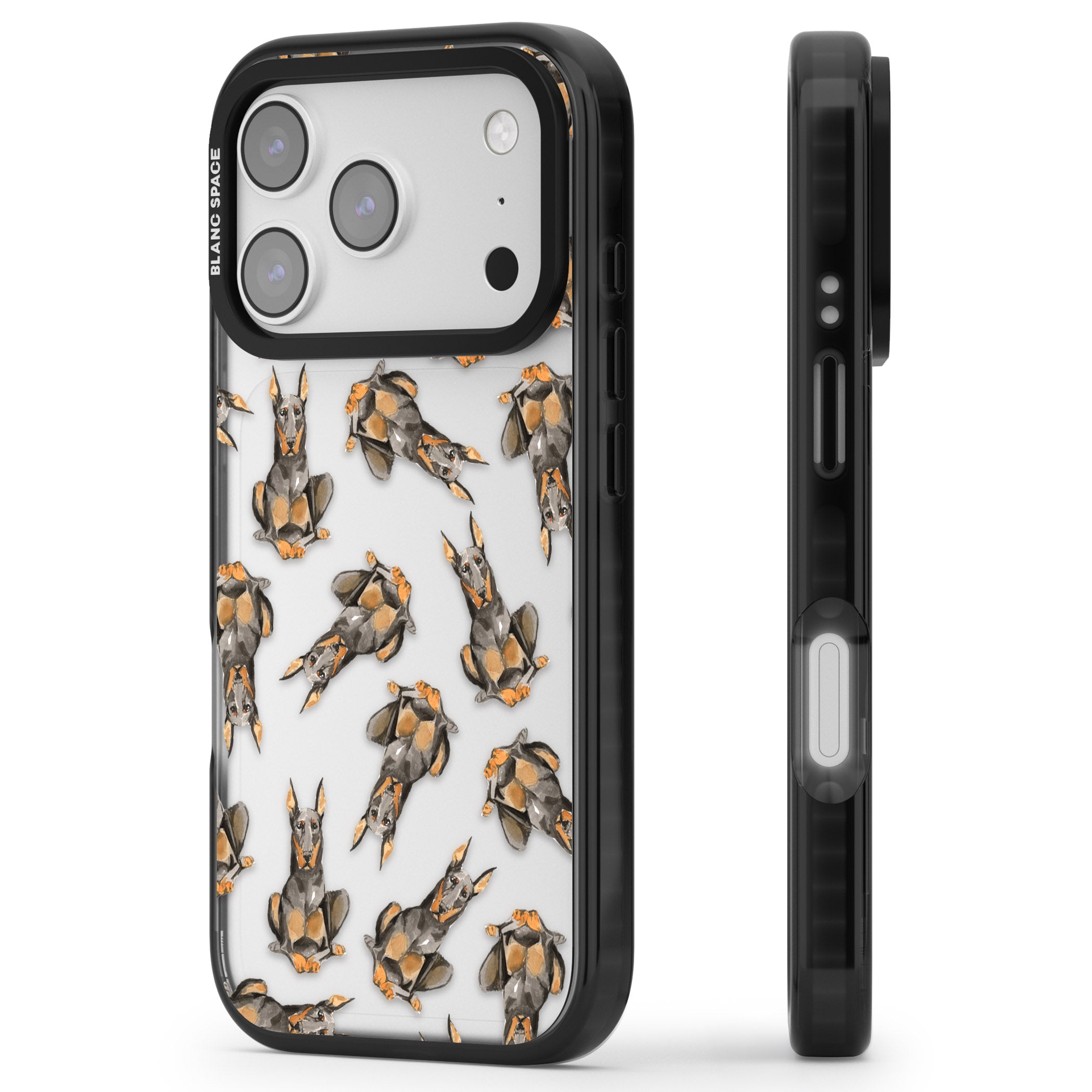Doberman Watercolor Dog iPhone 17 Pro Max Impact Black Phone Case Side Profile