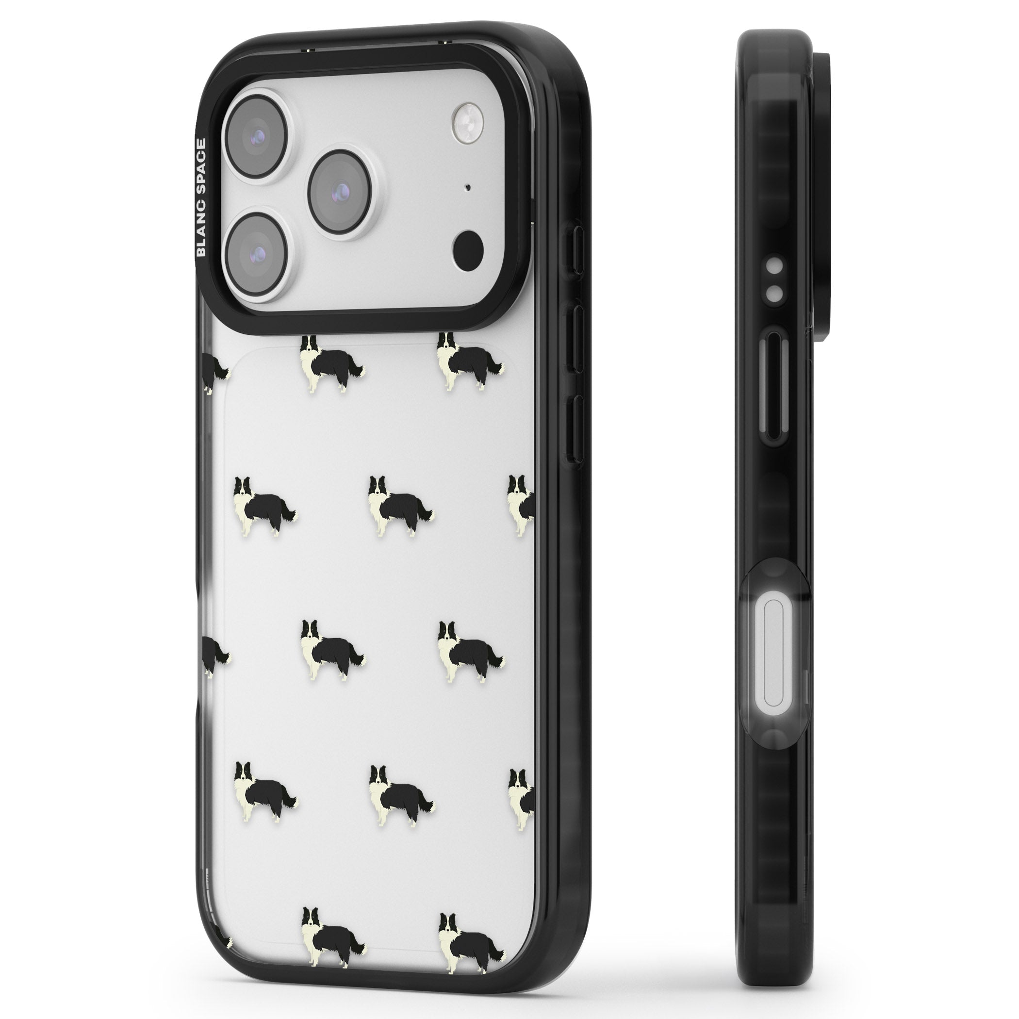 Border Collie Pattern Clear iPhone 17 Pro Max Impact Black Phone Case Side Profile