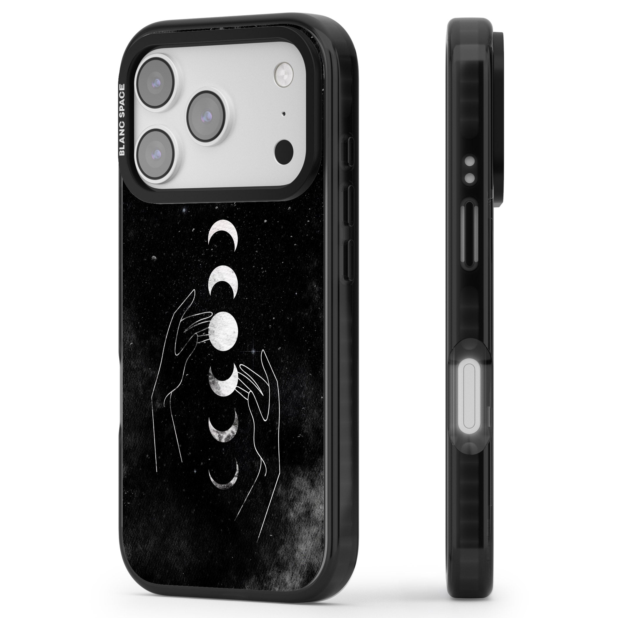 Moon Phases Hands iPhone 17 Pro Max Impact Black Phone Case Side Profile
