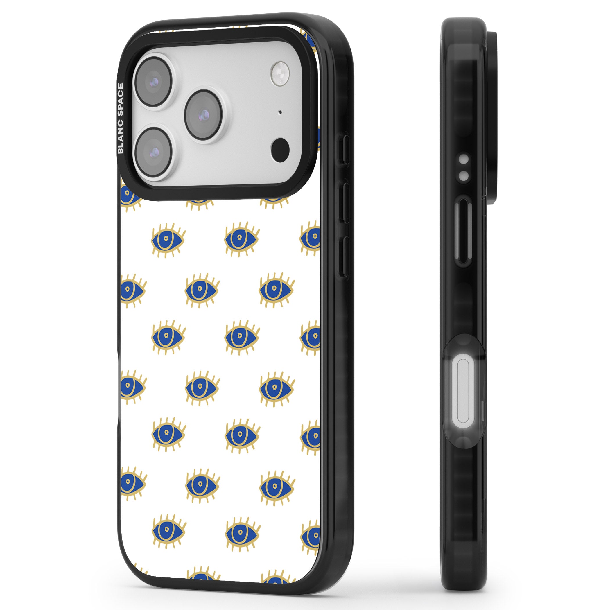 Gold Eye Pattern iPhone 17 Pro Max Impact Black Phone Case Side Profile