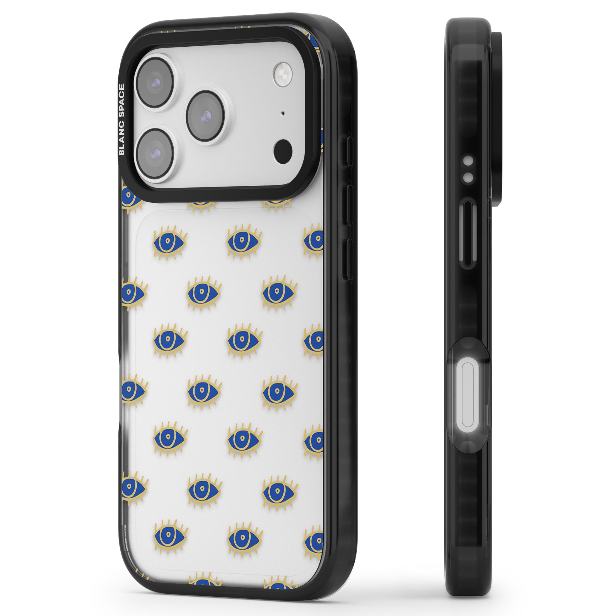 Psychedelic Eyes Pattern Classic iPhone 17 Pro Max Impact Black Phone Case Side Profile