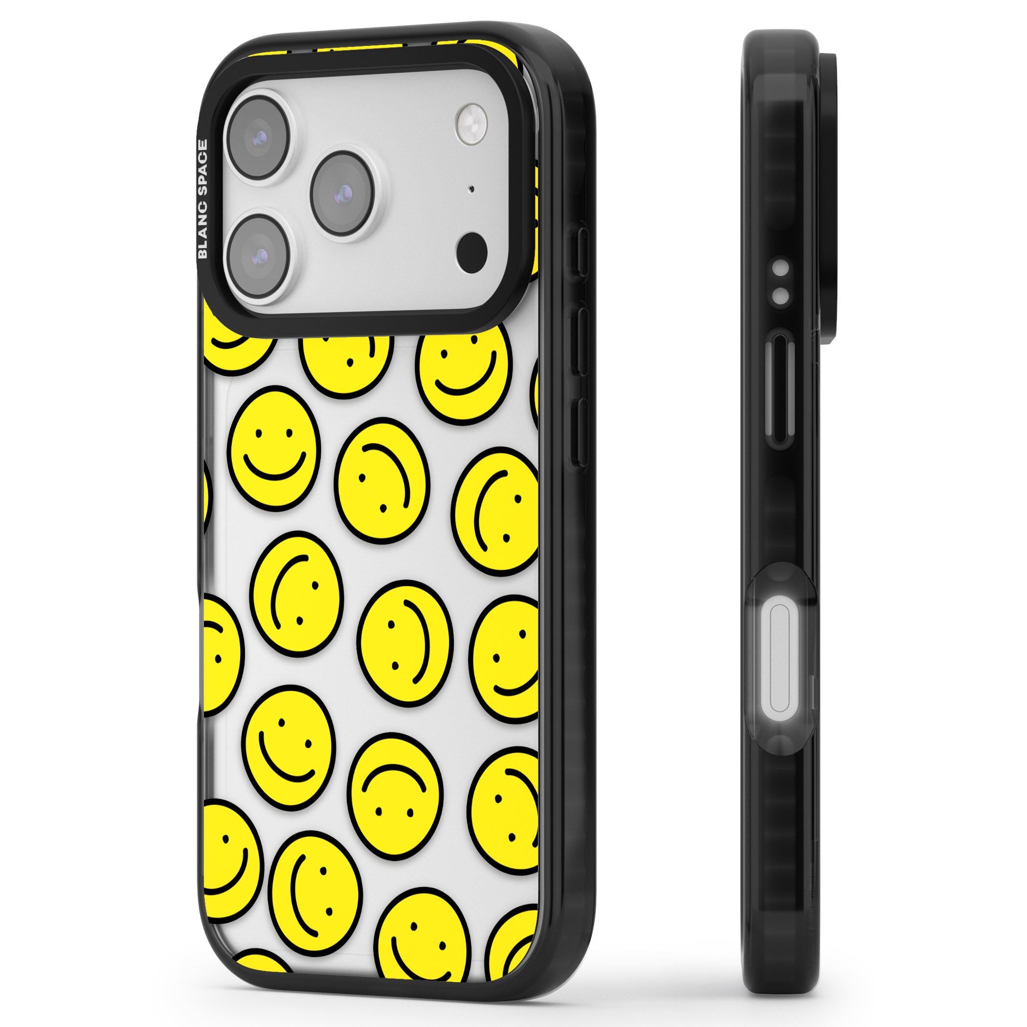 Smiley Face Pattern iPhone 17 Pro Max Impact Black Phone Case Side Profile