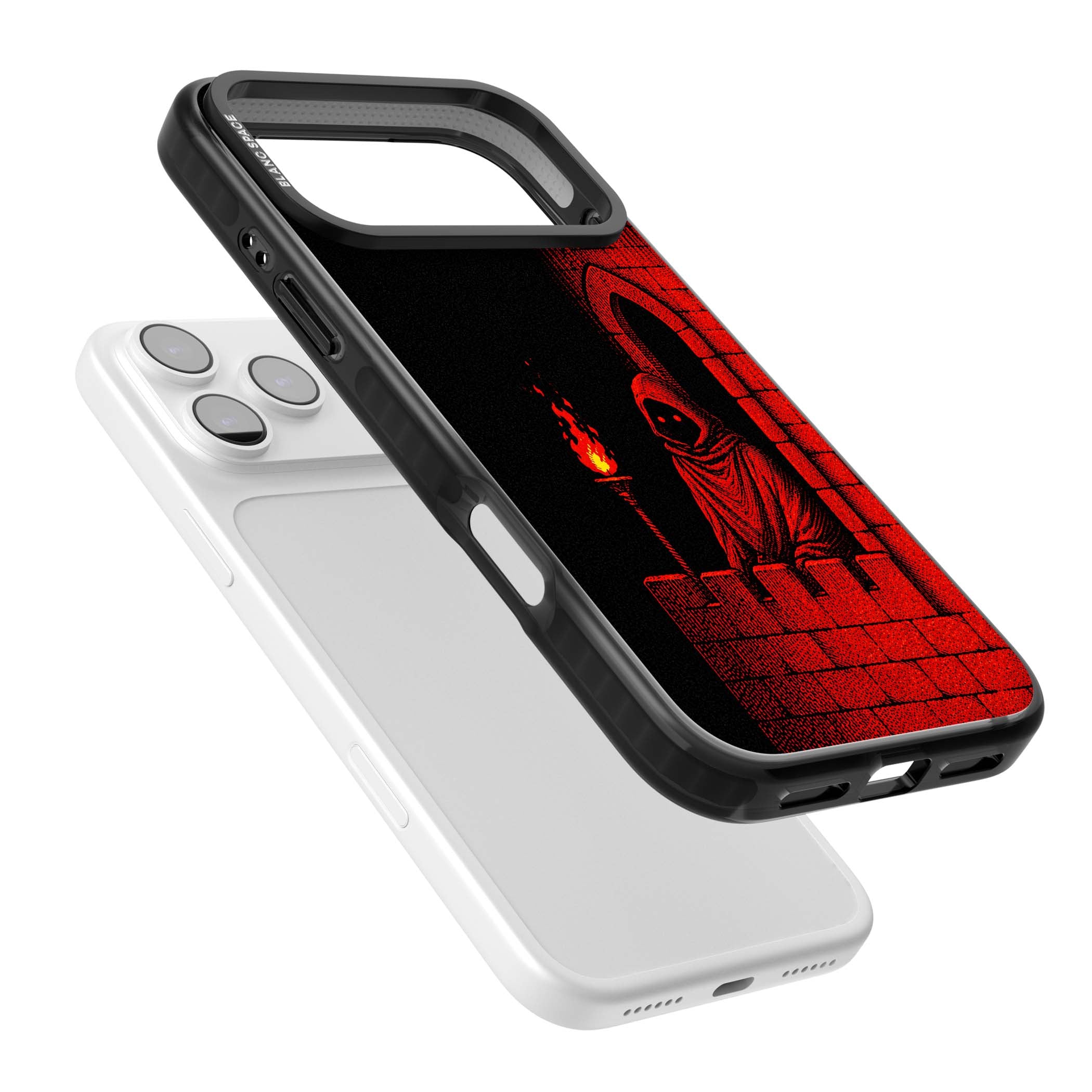 Crimson Crypt gothic iPhone case featuring a hooded reaper, torchlit crypt archway and red halftone horror art | Clear Impact case for iPhone 17 Pro, iPhone 17 Pro Max
