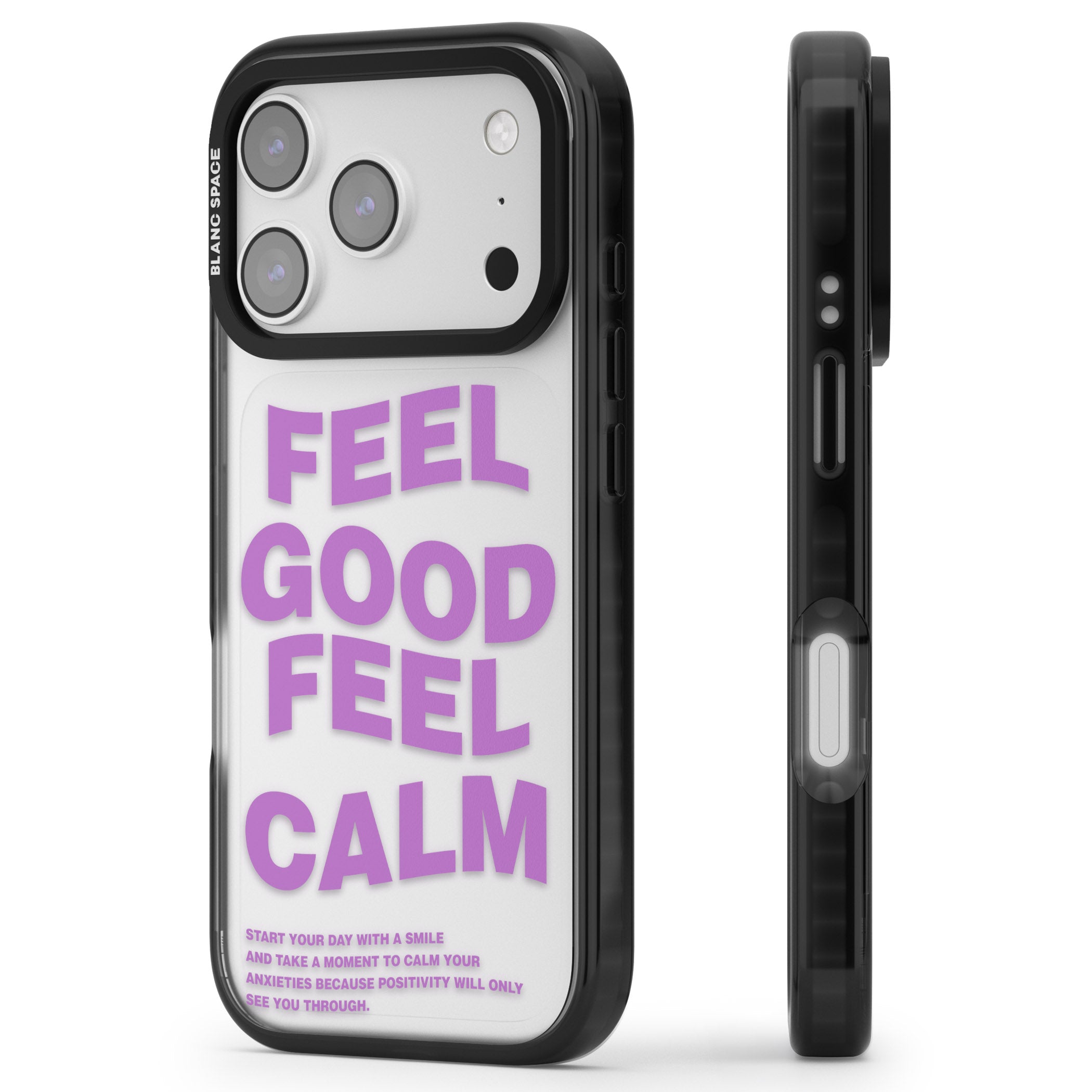 Feel Good Feel Calm (Purple) iPhone 17 Pro Max Impact Black Phone Case Side Profile