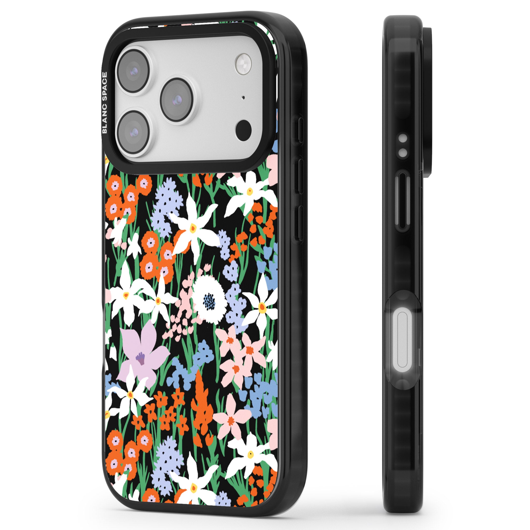 Floral Bloom Meadow Solid iPhone 17 Pro Max Impact Black Phone Case Side Profile