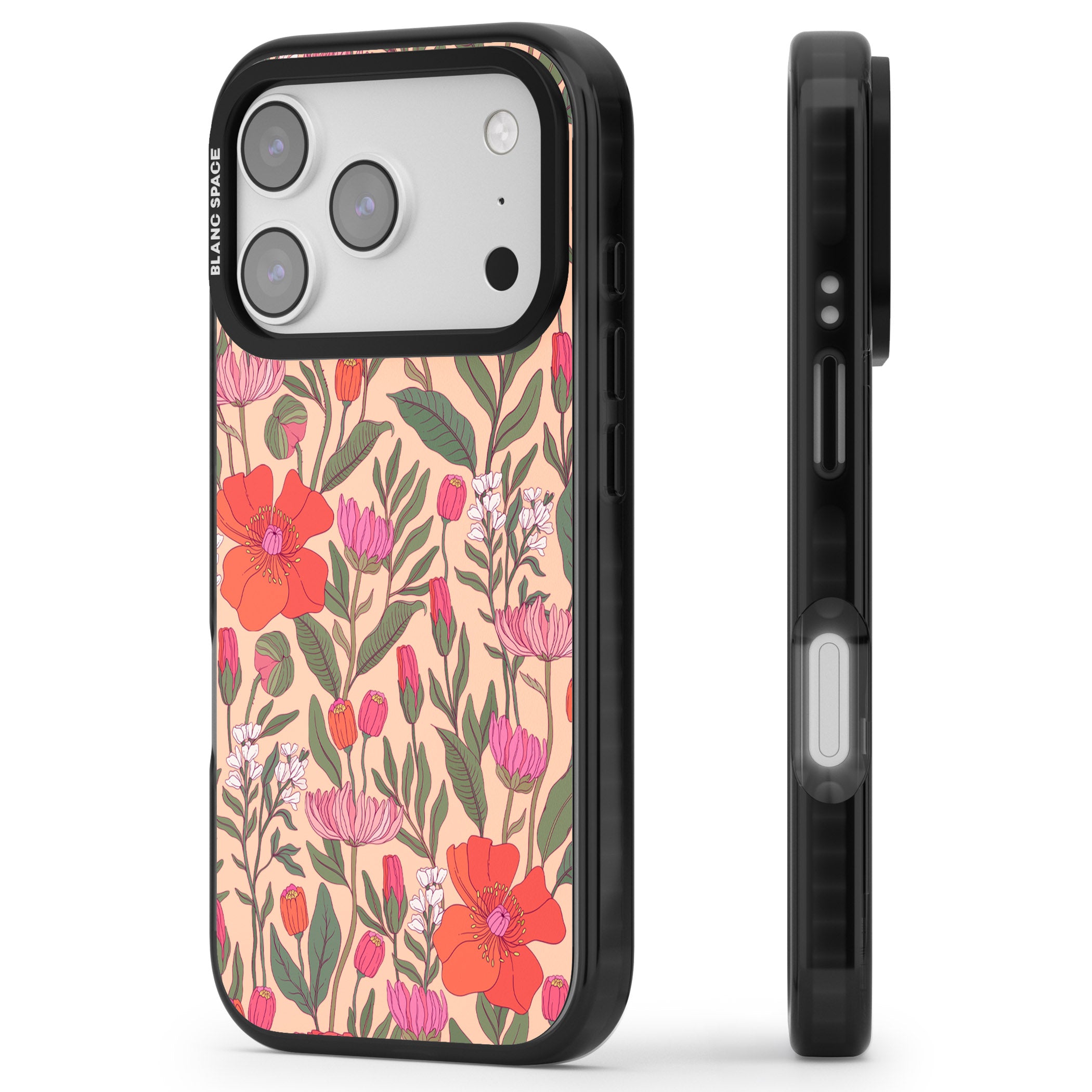 Peachy Floral Background iPhone 17 Pro Max Impact Black Phone Case Side Profile