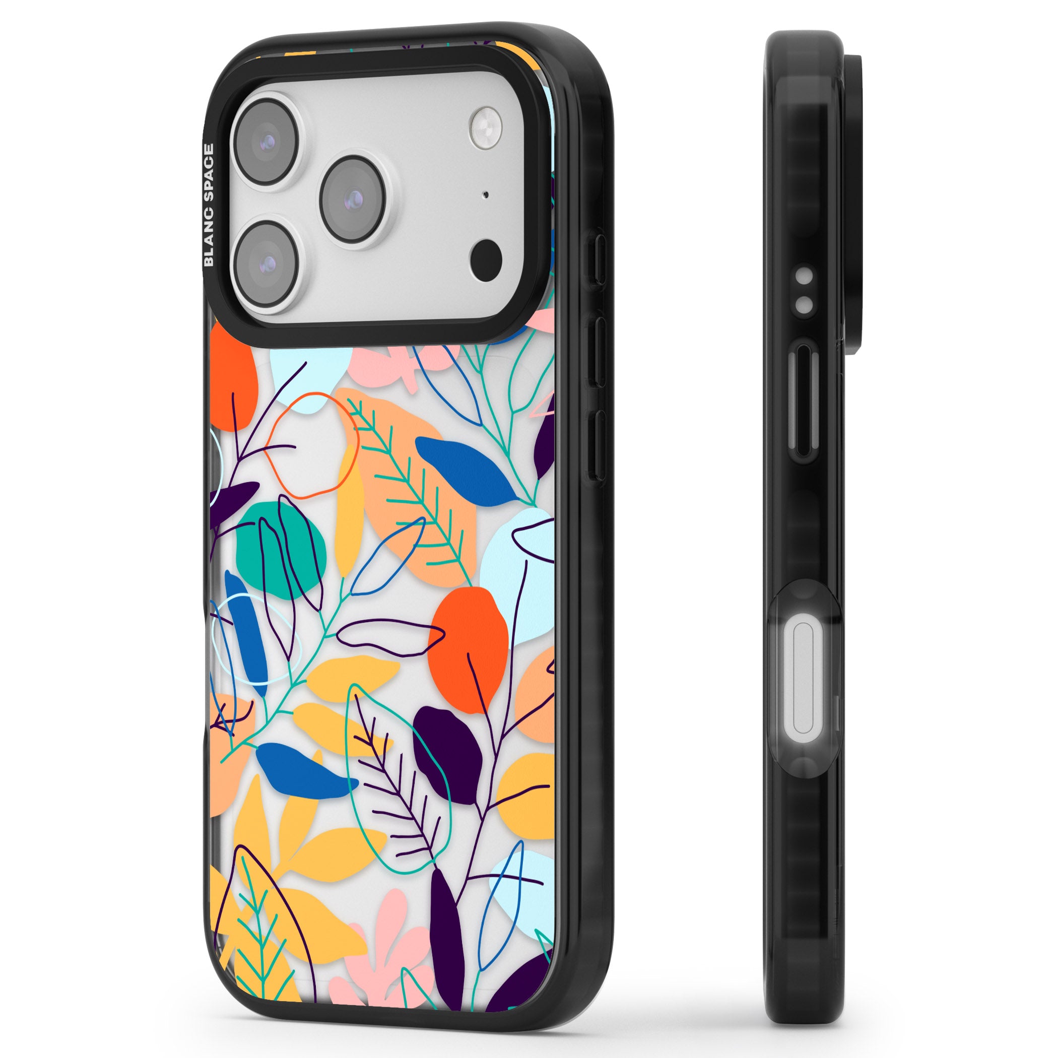 Abstract Line Drawn Leaves iPhone 17 Pro Max Impact Black Phone Case Side Profile