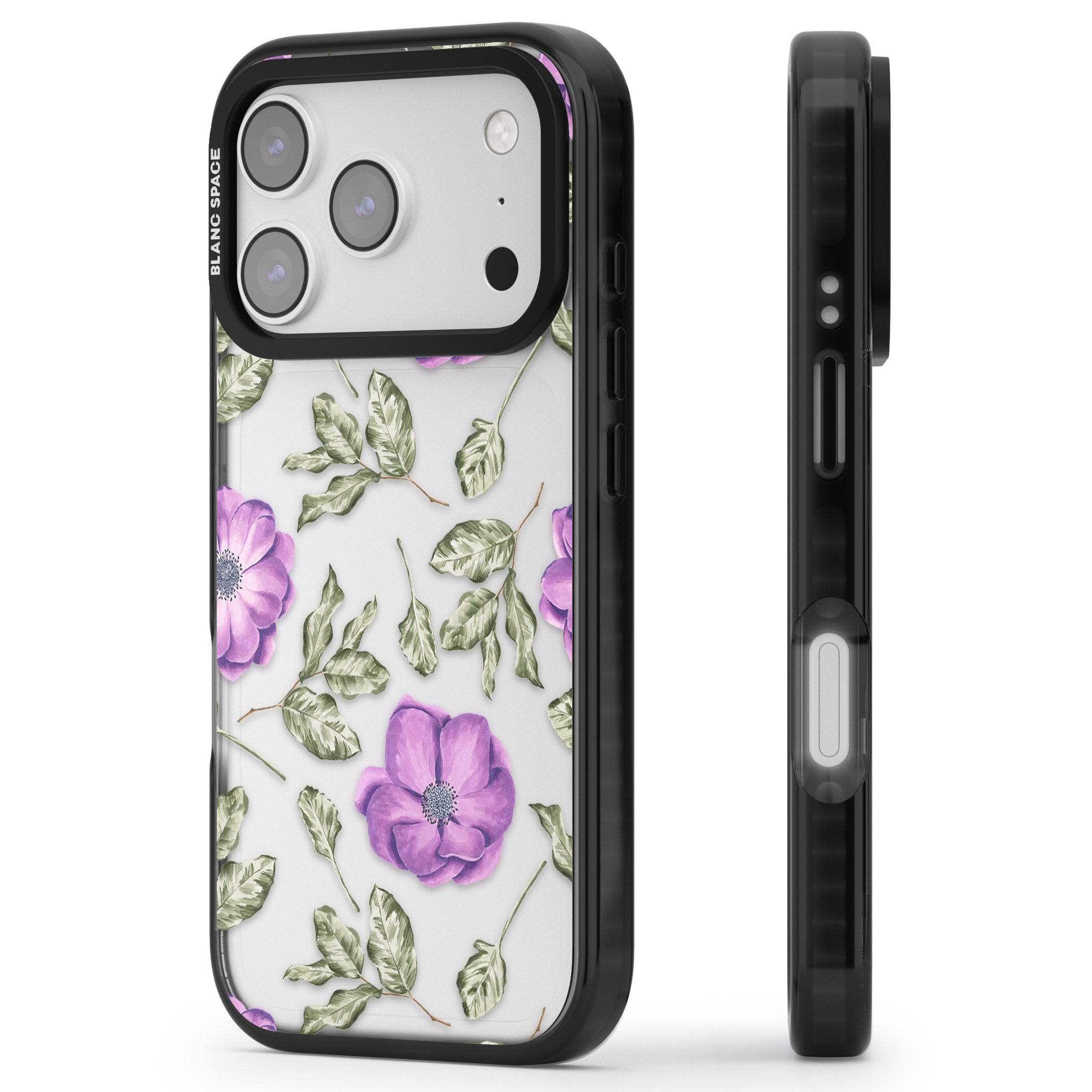 Purple Bloom Floral iPhone 17 Pro Max Impact Black Phone Case Side Profile