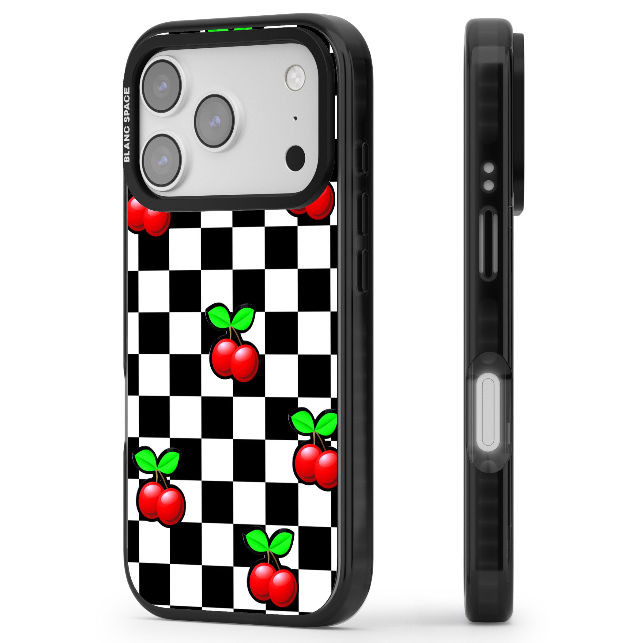 Checkered Cherry iPhone 17 Pro Max Impact Black Phone Case Side Profile