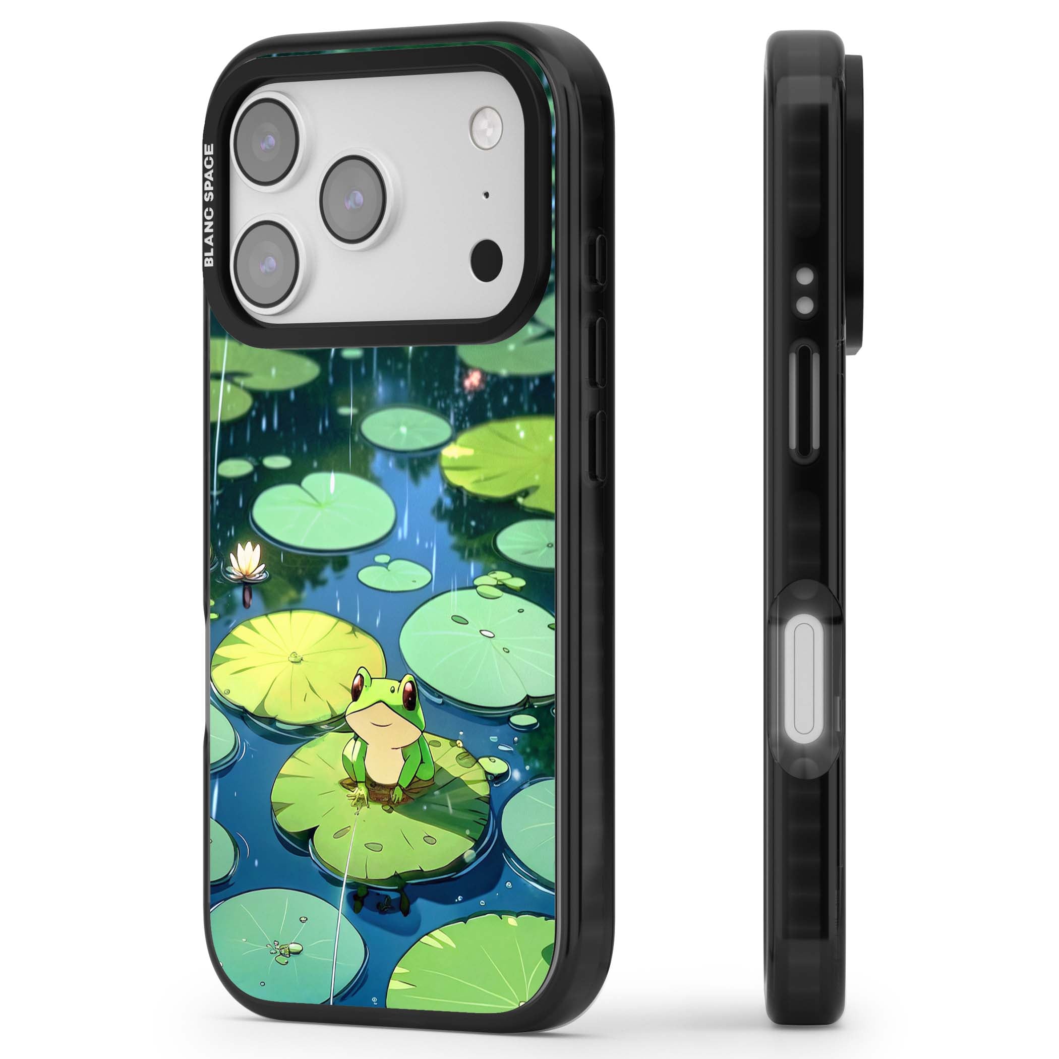 Frog In Lily Pond cottagecore iPhone case featuring a cute green frog on a lily pad with falling rain and a lotus flower | Clear Impact case for iPhone 17 Pro, iPhone 17 Pro Max