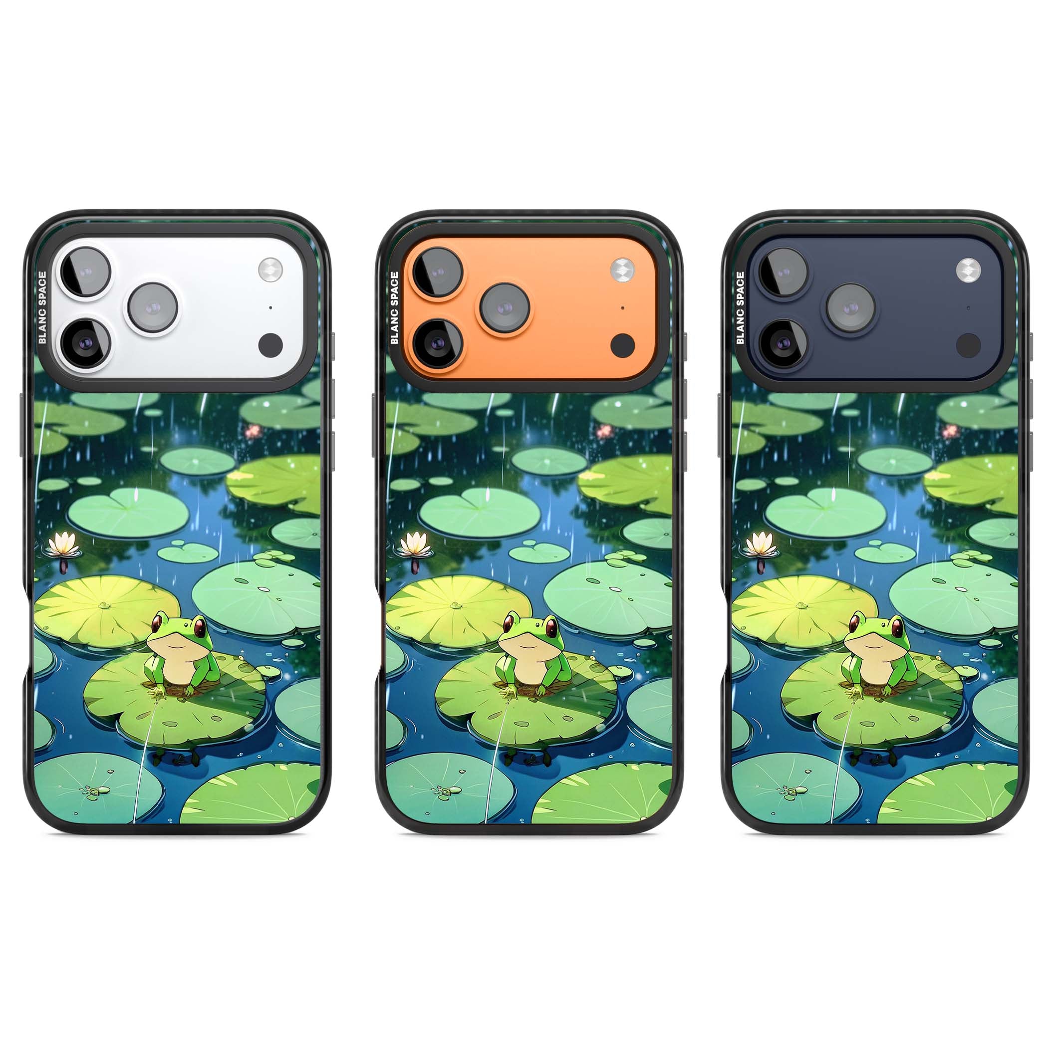 Frog In Lily Pond cottagecore iPhone case featuring a cute green frog on a lily pad with falling rain and a lotus flower | Clear Impact case for iPhone 17 Pro, iPhone 17 Pro Max