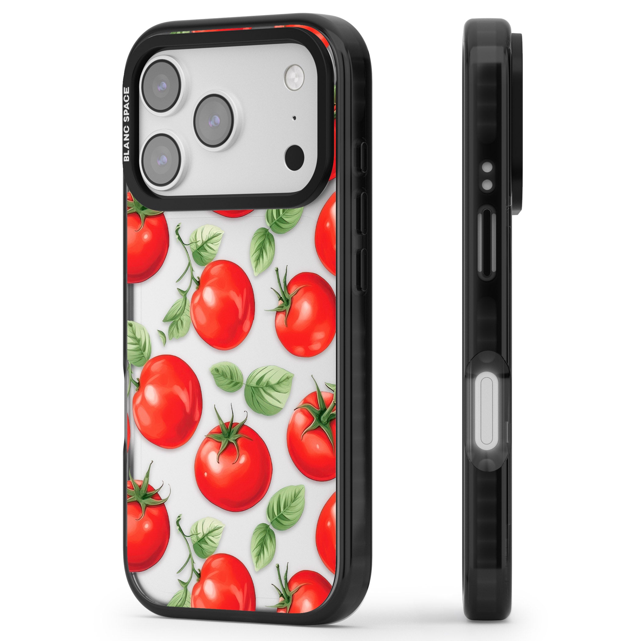 Tomato Pattern iPhone 17 Pro Max Impact Black Phone Case Side Profile