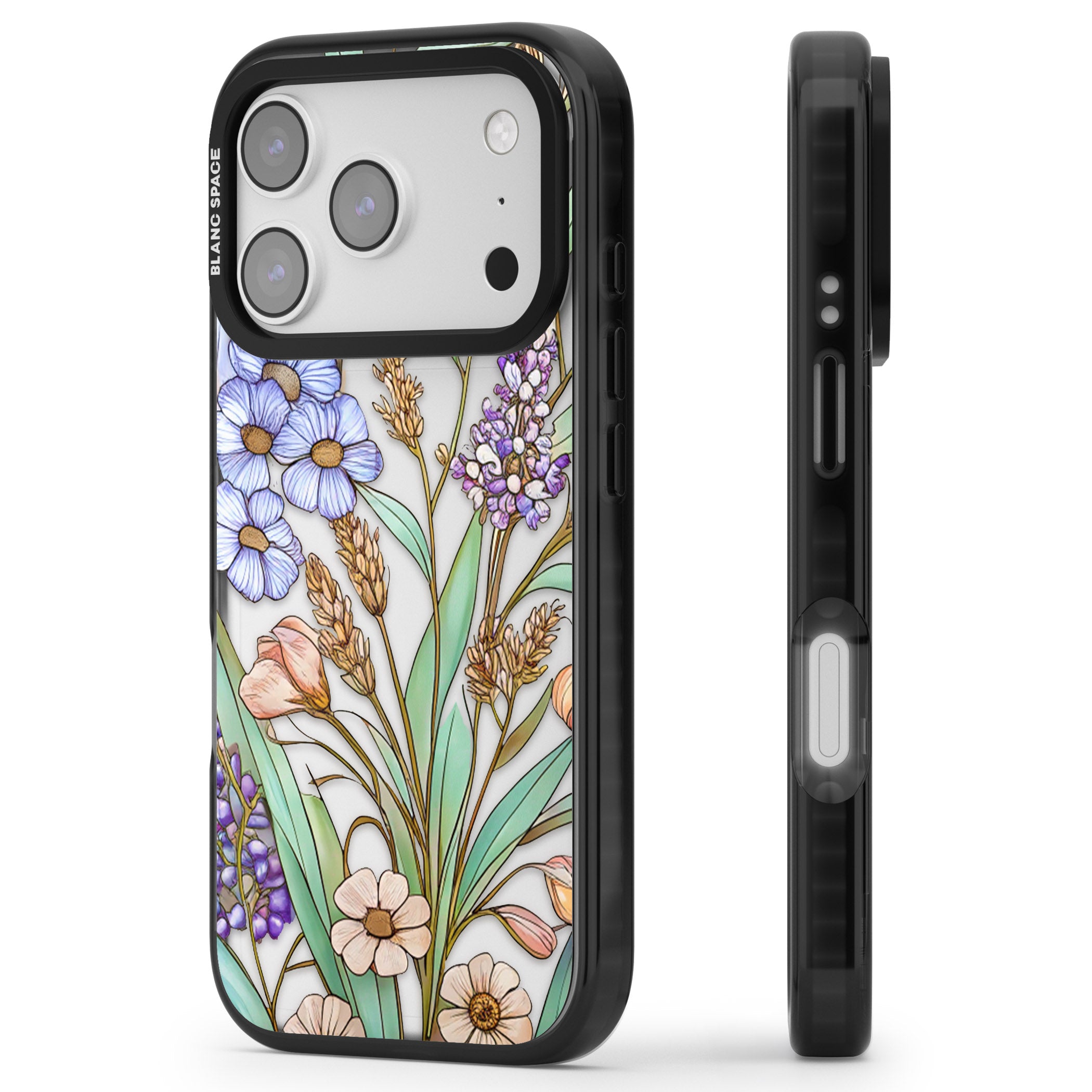 Glass Lavenders & Daisies iPhone 17 Pro Max Impact Black Phone Case Side Profile