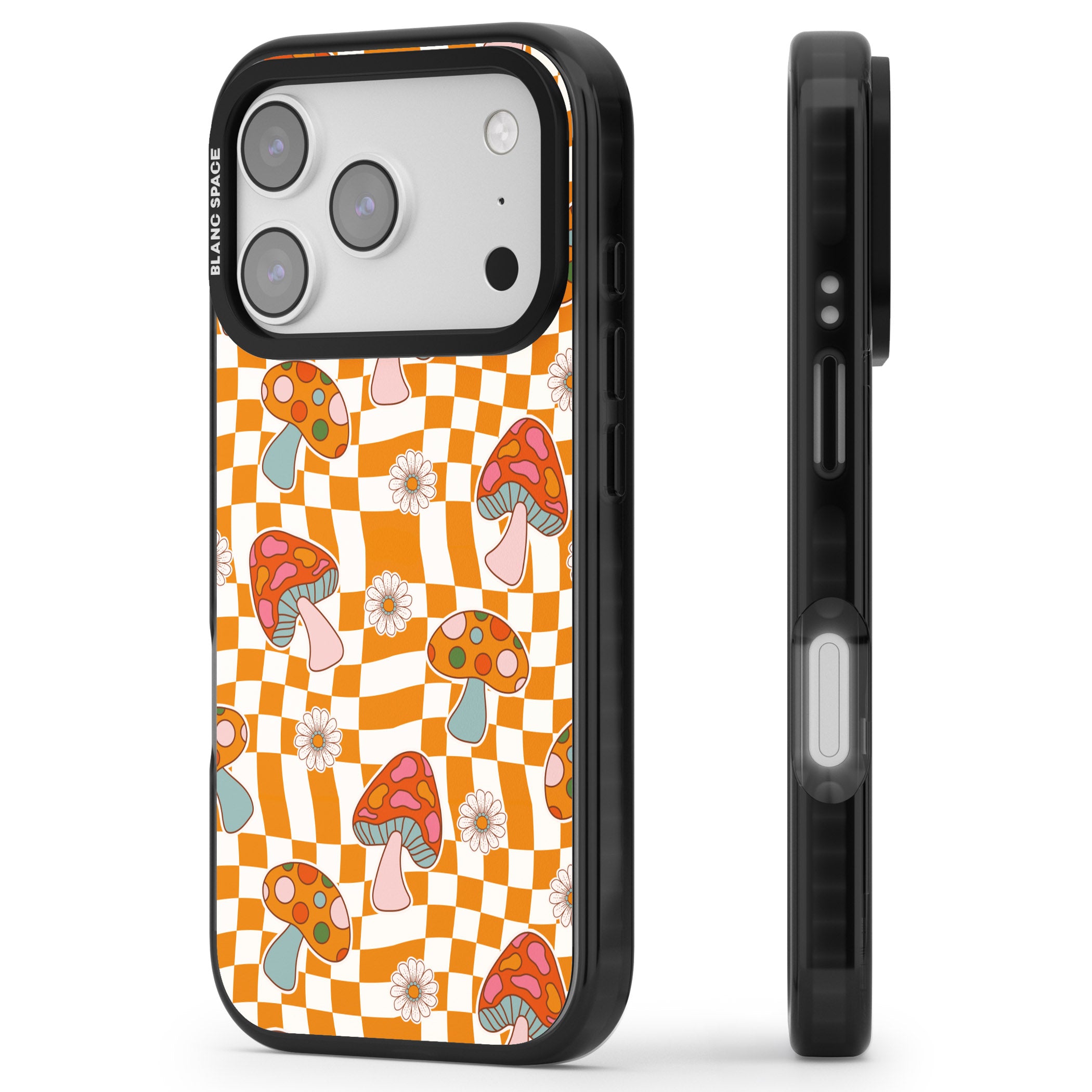 Wavy Checked Shrooms iPhone 17 Pro Max Impact Black Phone Case Side Profile