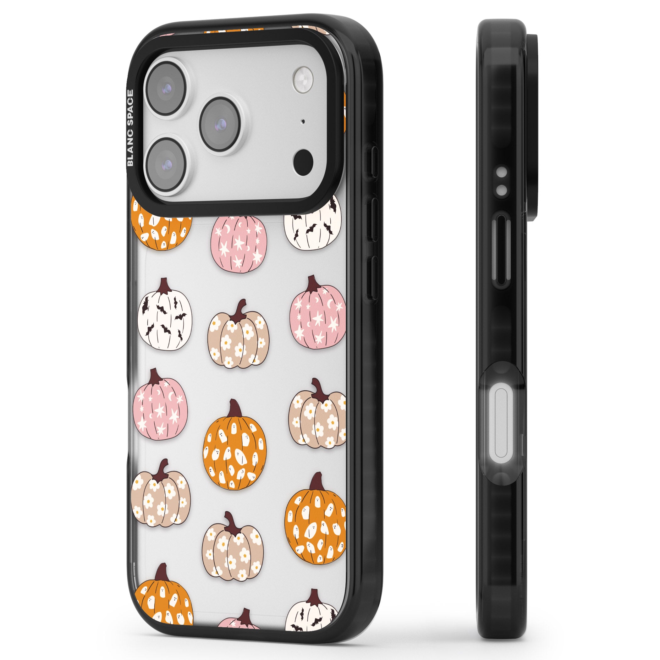 Floral Pumpkins iPhone 17 Pro Max Impact Black Phone Case Side Profile