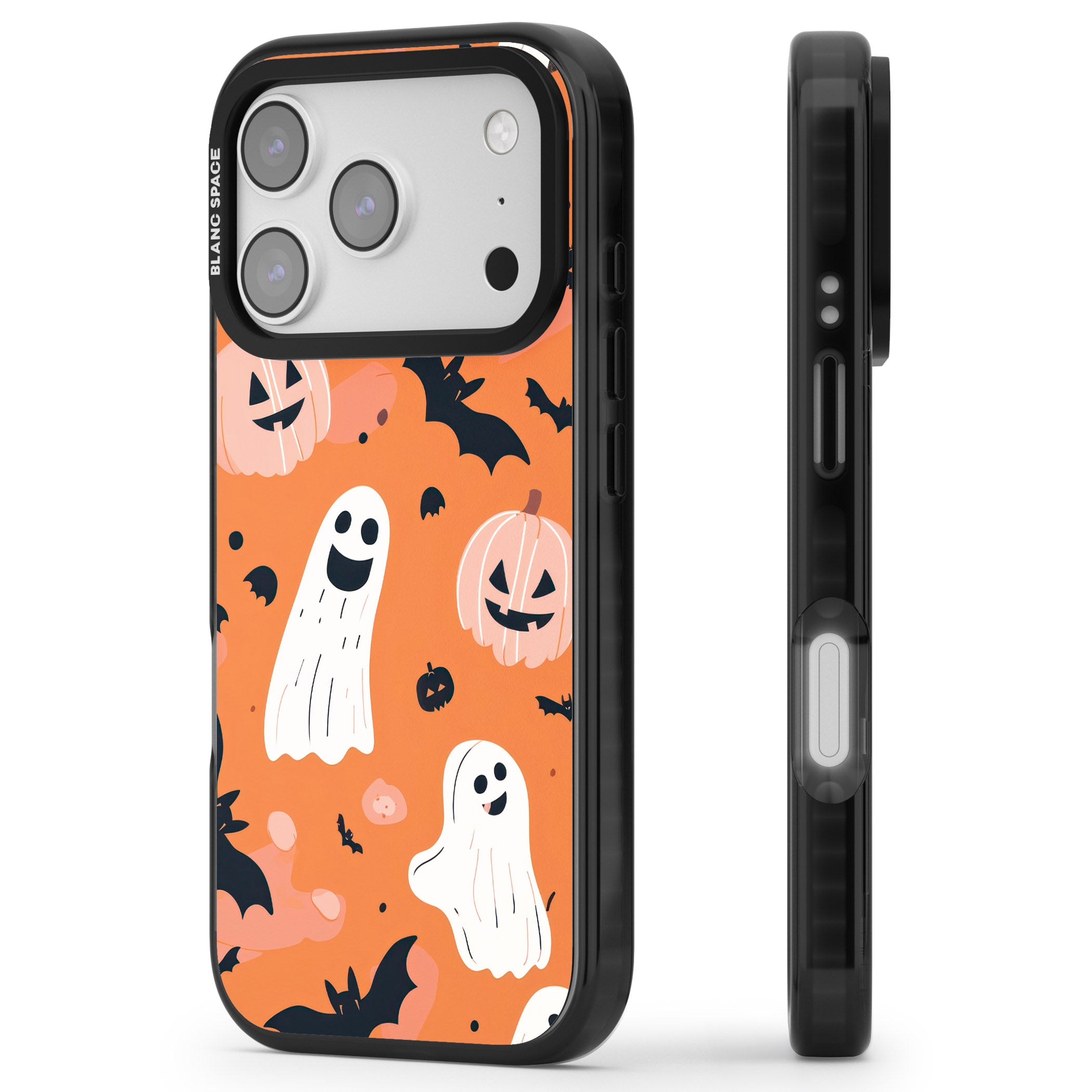 Orange Halloween Pattern iPhone 17 Pro Max Impact Black Phone Case Side Profile