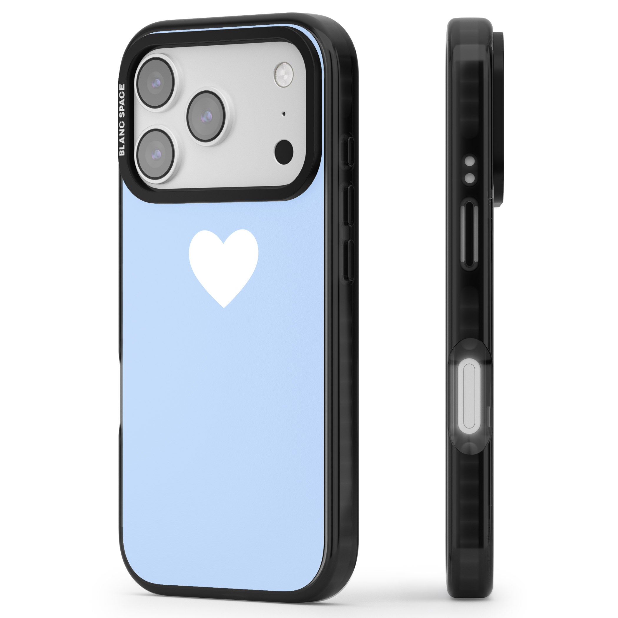 Single Heart Design: White & Baby Blue iPhone 17 Pro Max Impact Black Phone Case Side Profile