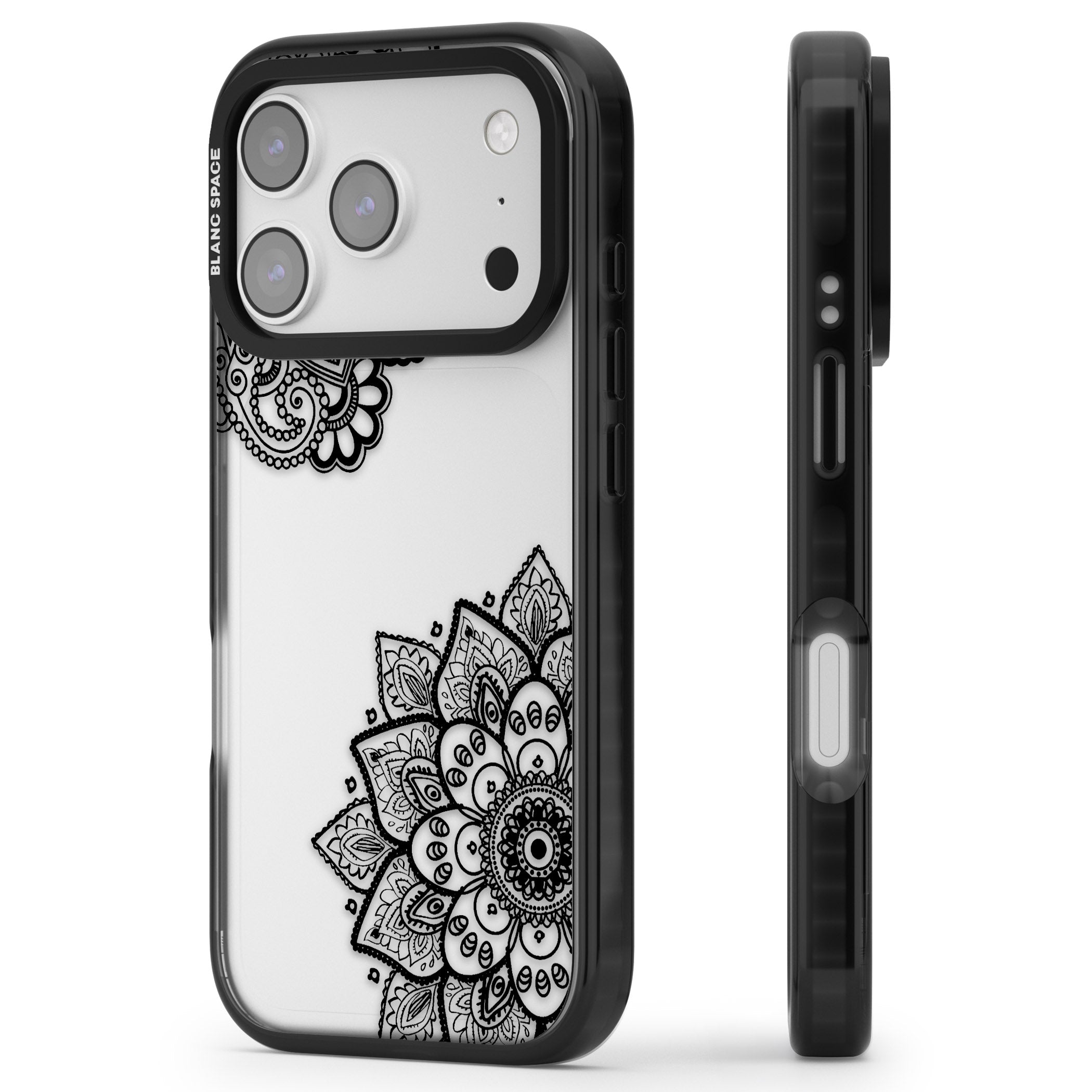 Black Henna Florals iPhone 17 Pro Max Impact Black Phone Case Side Profile