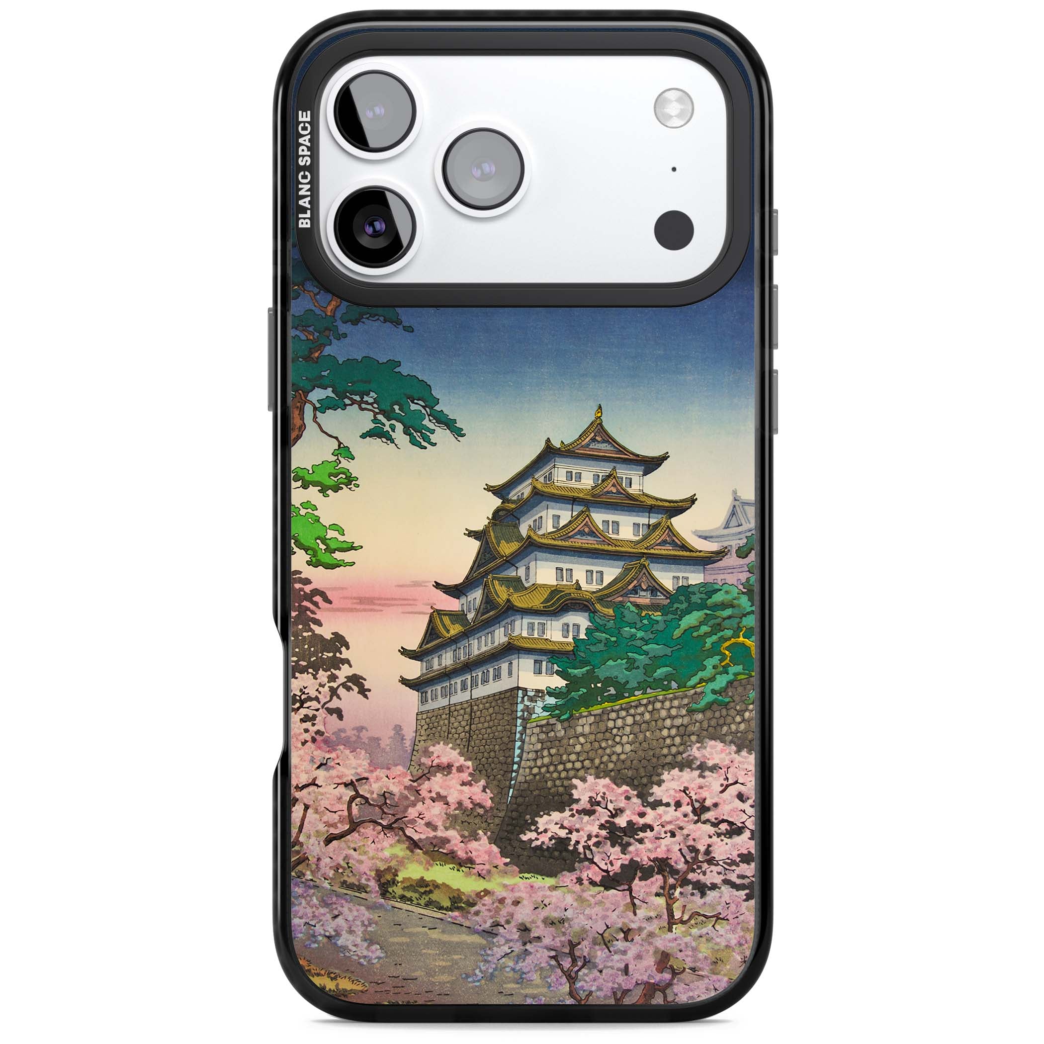Nagoya Castle Japanese iPhone case featuring a vintage pagoda, twilight sky and cherry blossom trees | Clear Impact case for iPhone 17 Pro, iPhone 17 Pro Max