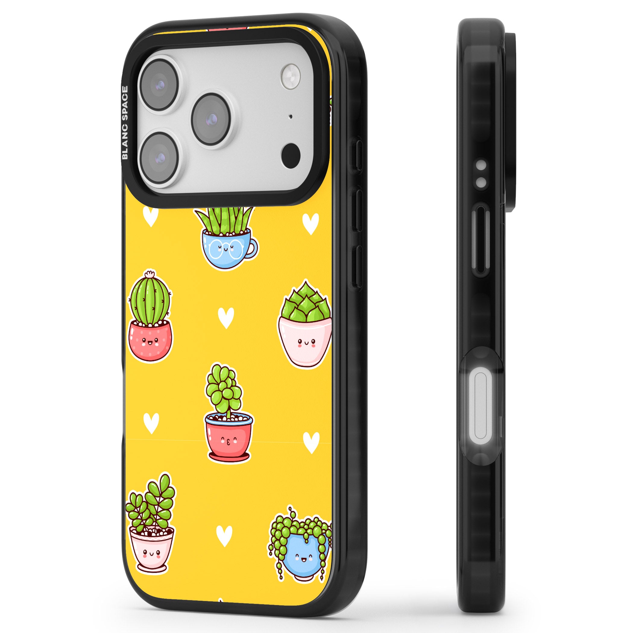 Plant Faces Kawaii Pattern iPhone 17 Pro Max Impact Black Phone Case Side Profile