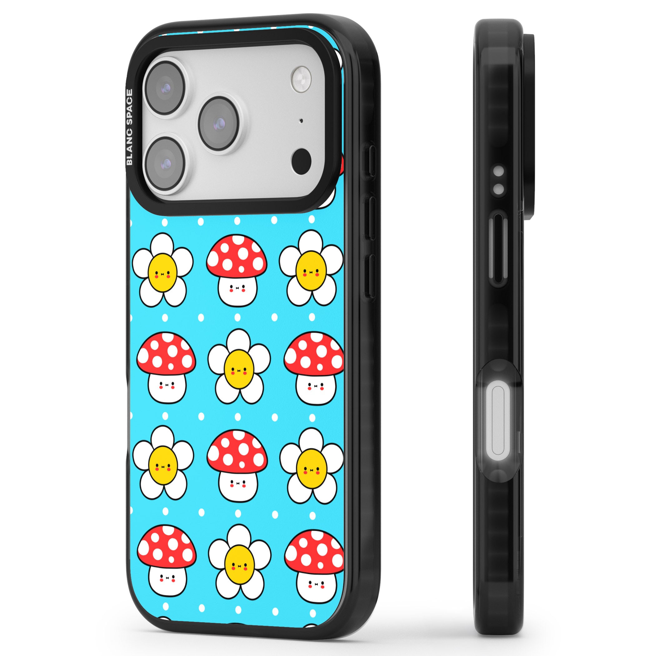 Shroom Bunnies Kawaii Pattern iPhone 17 Pro Max Impact Black Phone Case Side Profile