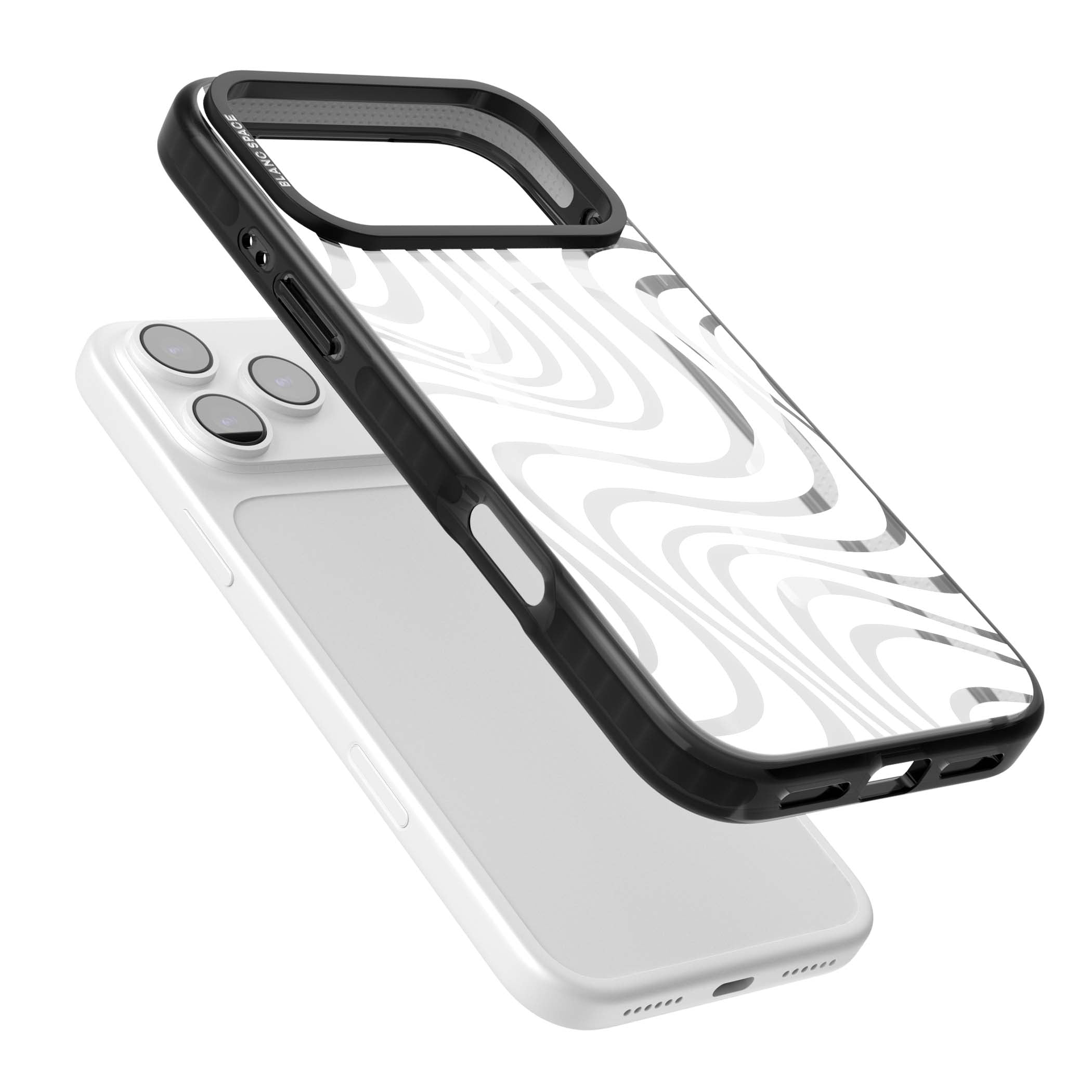 White Abstract Waves abstract iPhone case featuring flowing grey wave pattern on clear background | Black Impact Magsafe case for iPhone 17 Pro, iPhone 17 Pro Max