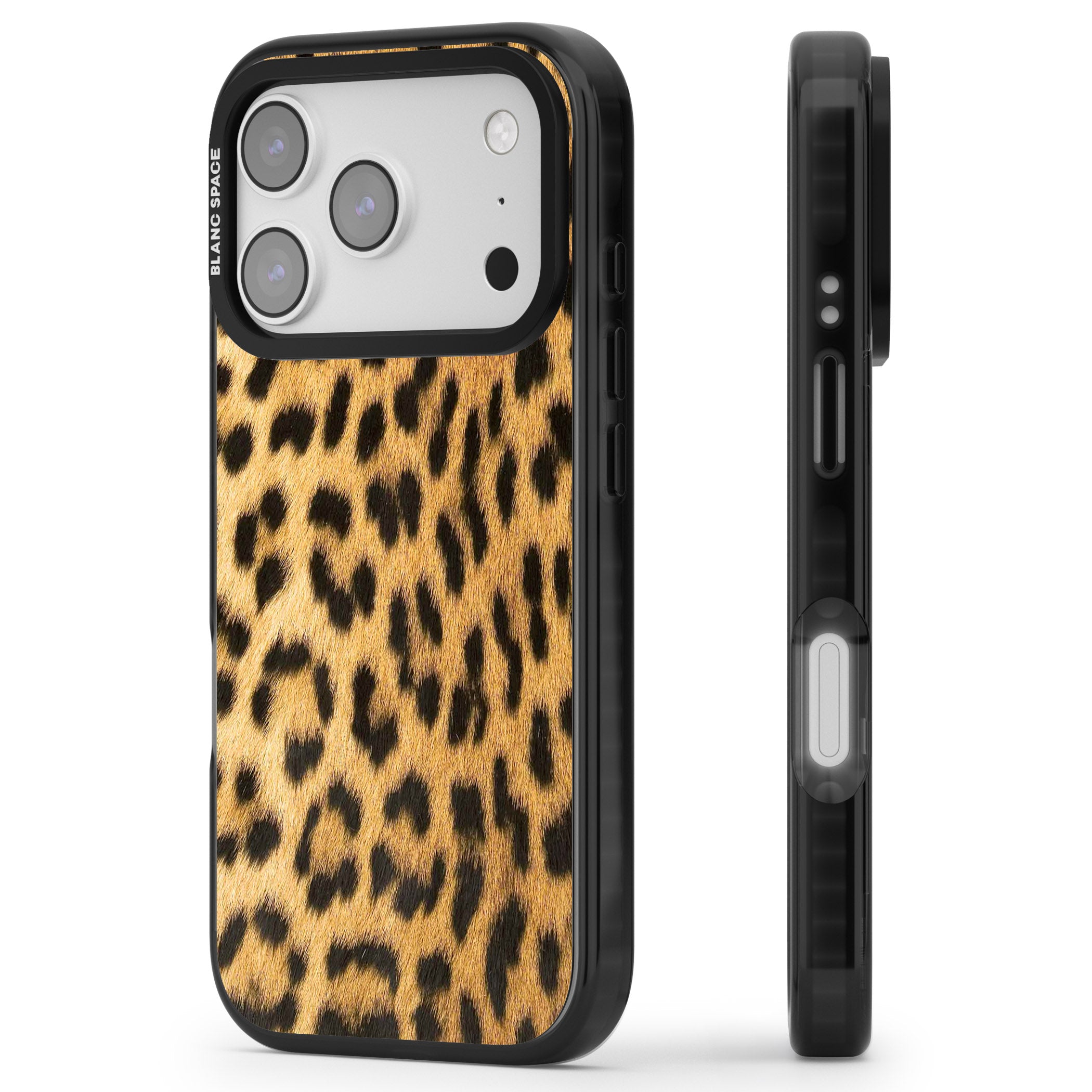 Designer Fashion Gold Leopard Print iPhone 17 Pro Max Impact Pro Black Phone Case Side Profile