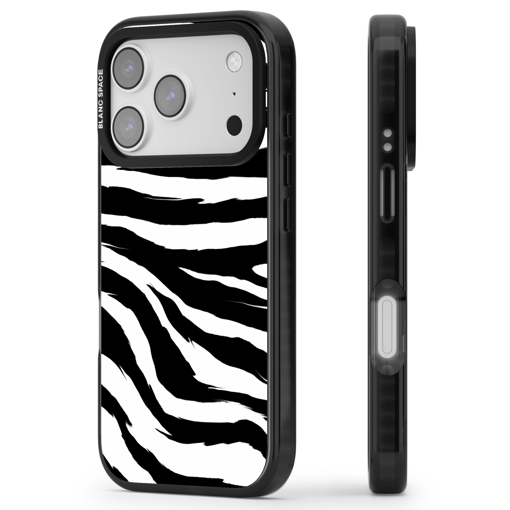 Black Zebra Print iPhone 17 Pro Impact Pro Black Phone Case Side Profile