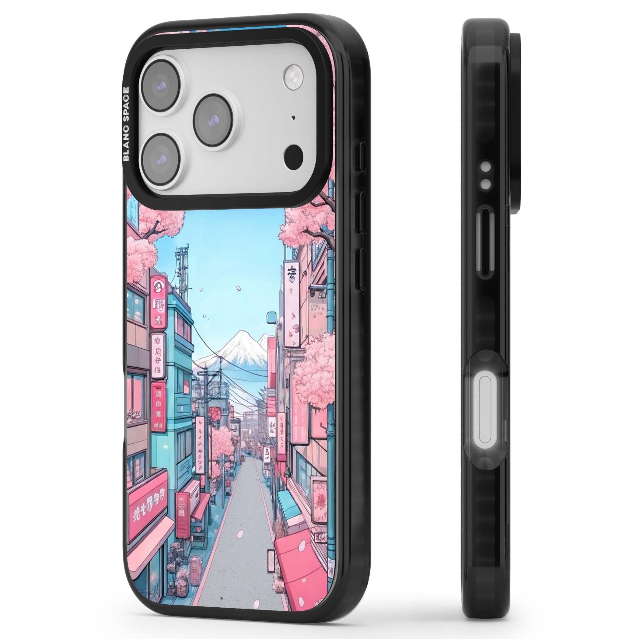 Sakura Lane anime iPhone case featuring Tokyo street scene with cherry blossoms and Mount Fuji | Black Impact Magsafe case for iPhone 17 Pro, iPhone 17 Pro Max