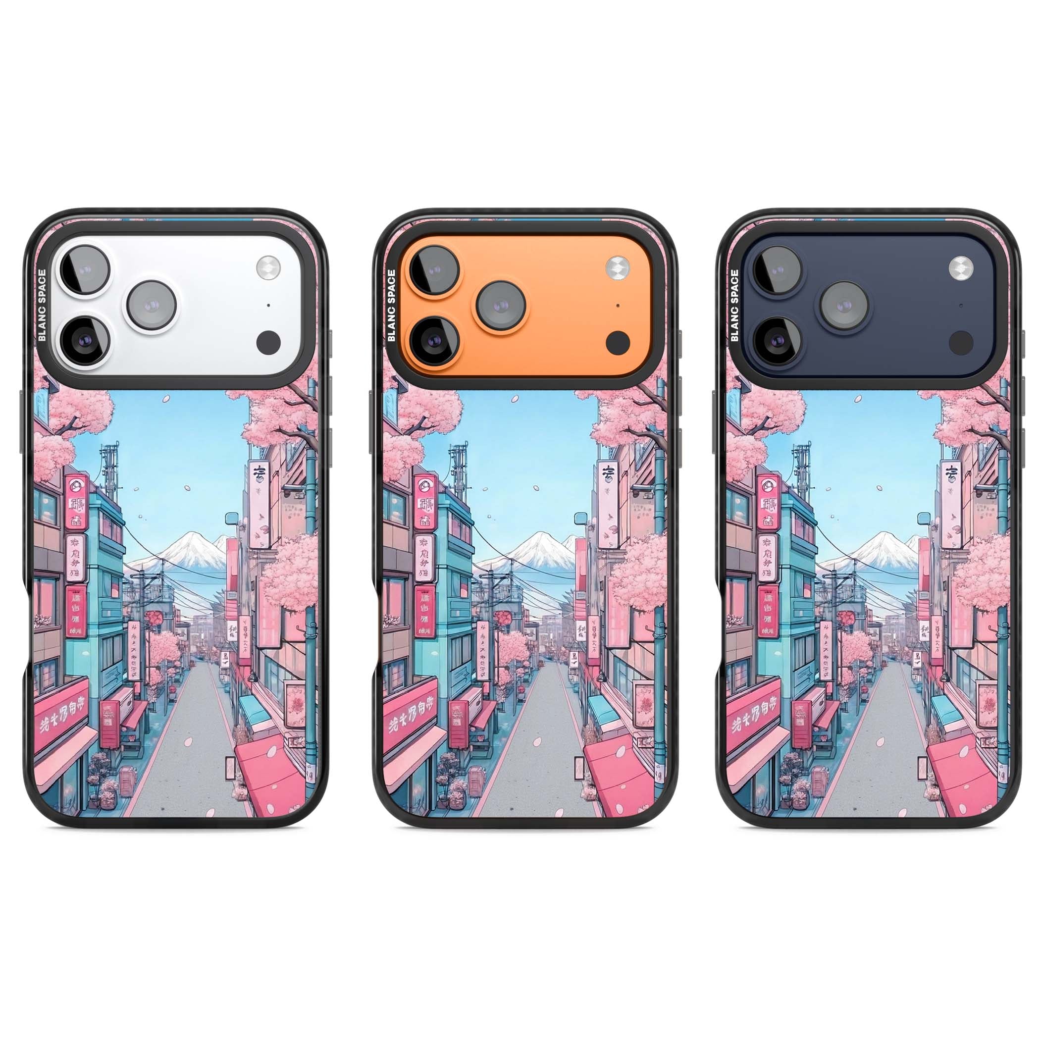 Sakura Lane anime iPhone case featuring Tokyo street scene with cherry blossoms and Mount Fuji | Black Impact Magsafe case for iPhone 17 Pro, iPhone 17 Pro Max