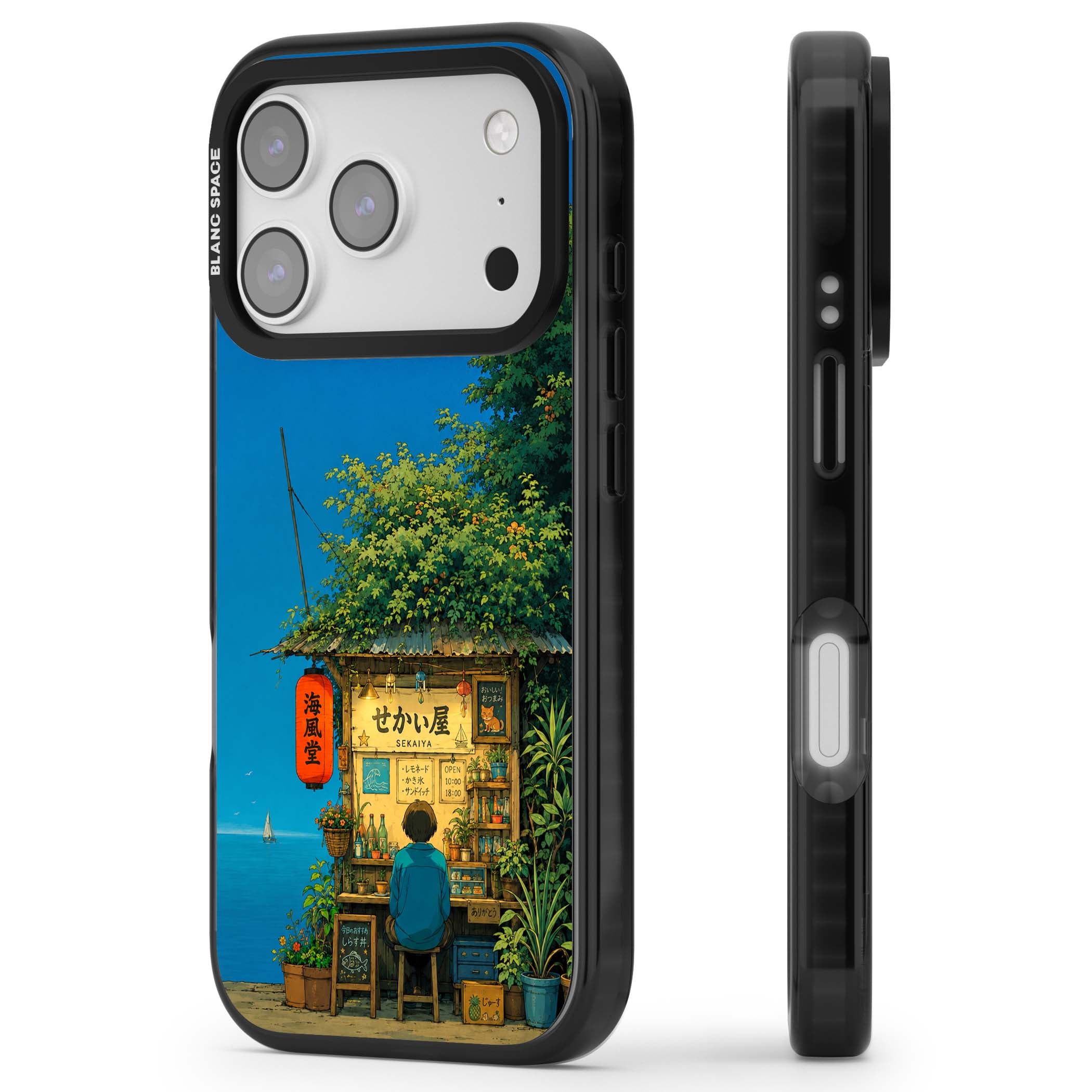 The Shirahama Kiosk anime iPhone case featuring a Japanese seaside shop, red paper lantern and ocean view | Black Impact Magsafe case for iPhone 17 Pro, iPhone 17 Pro Max