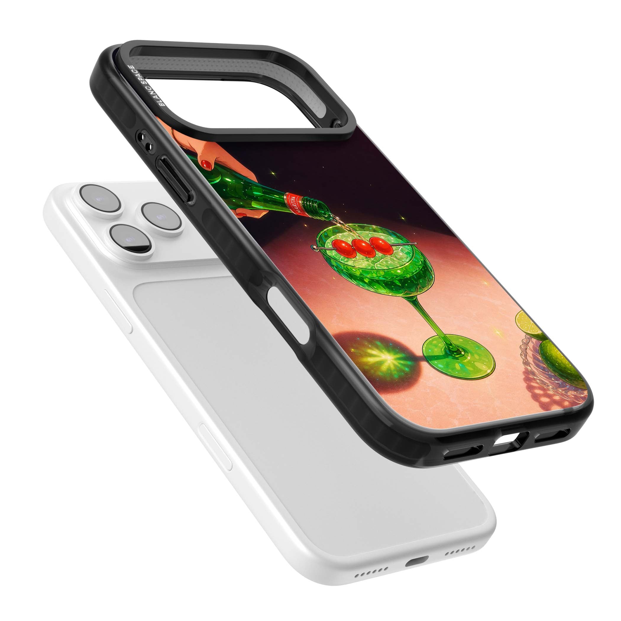 Absinthe Hour cocktail iPhone case featuring a green coupe glass, cherry garnish and vintage bottle pour illustration | Black Impact Magsafe case for iPhone 17 Pro, iPhone 17 Pro Max