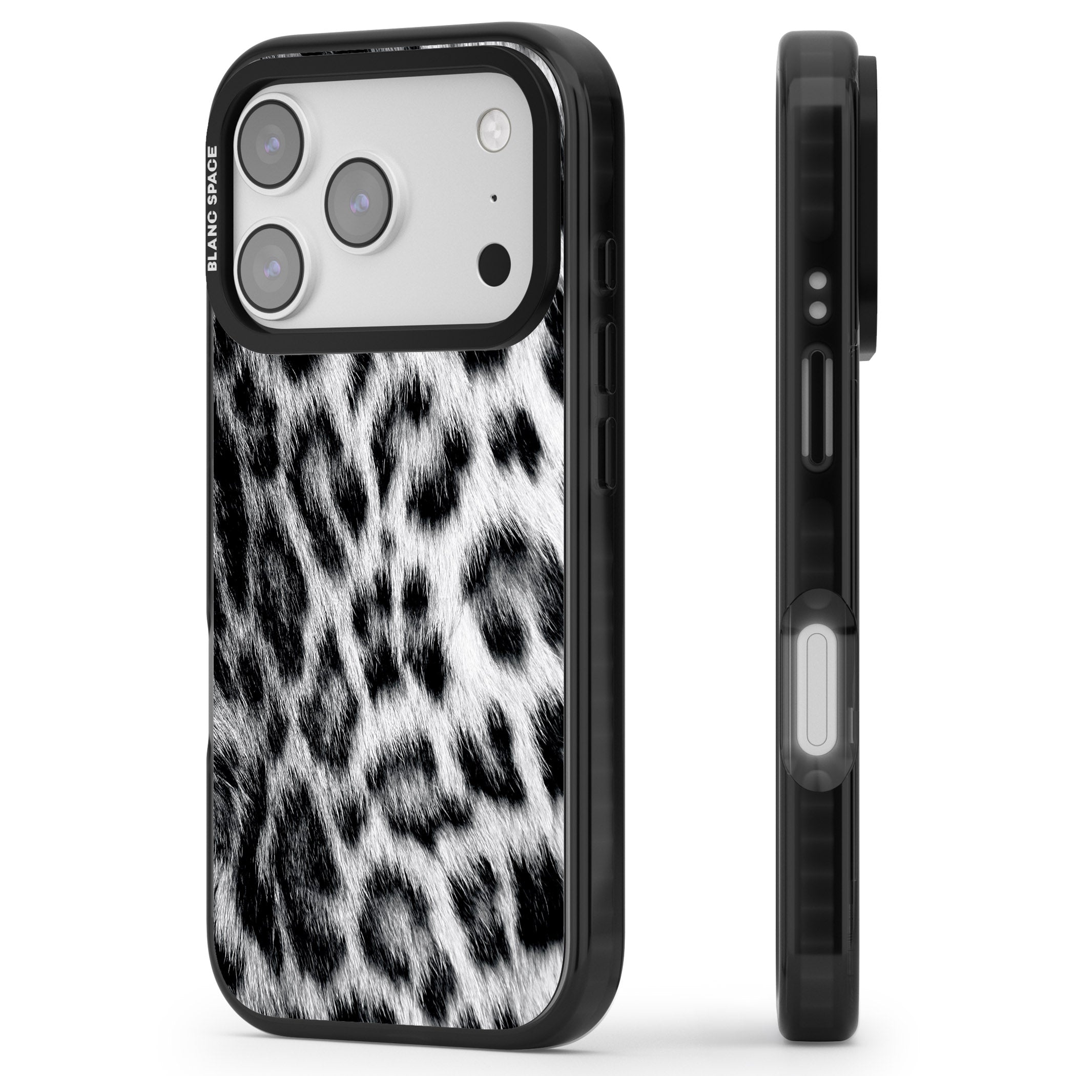 Animal Fur Pattern Snow Leopard iPhone 17 Pro Impact Pro Black Phone Case Side Profile