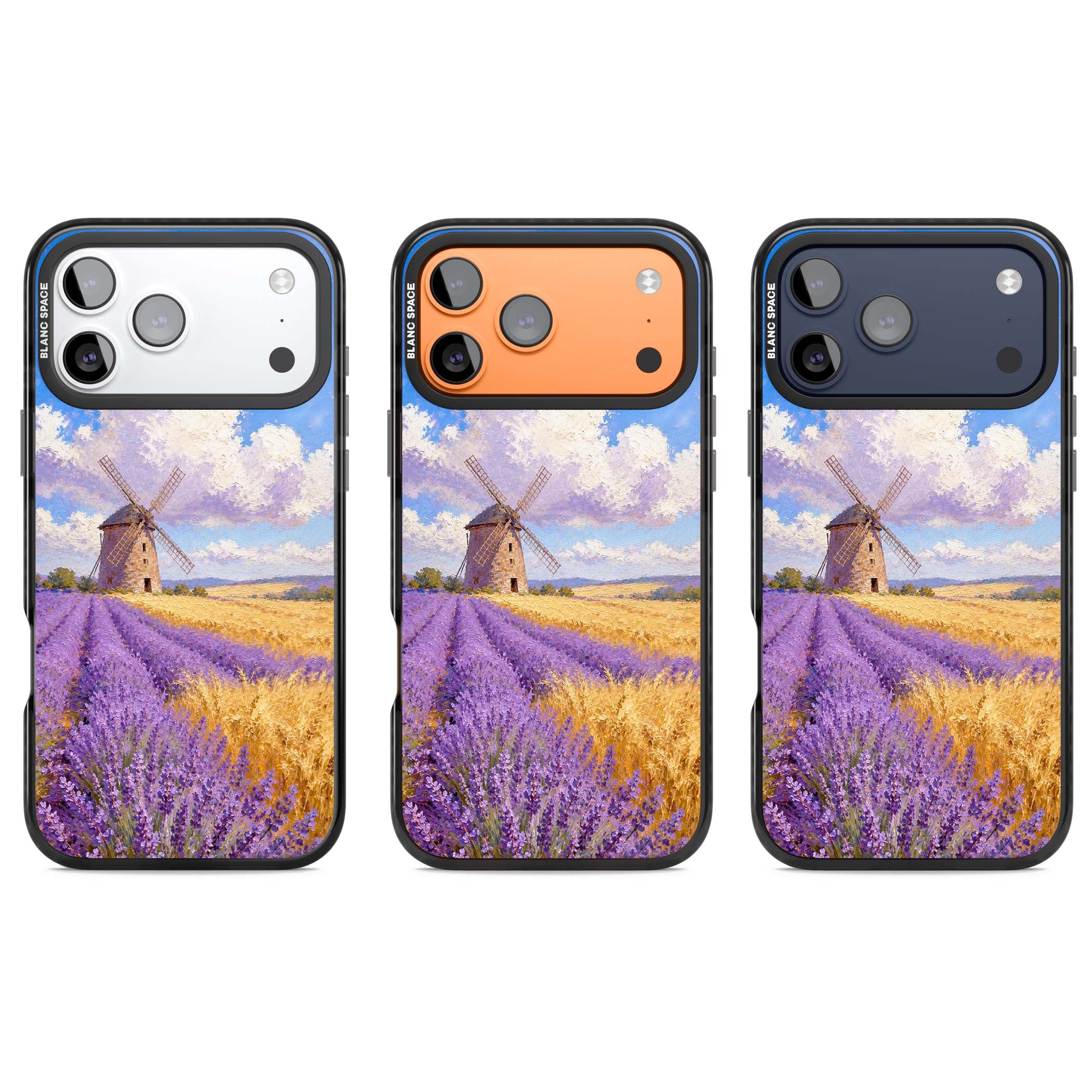 Lavender Mill cottagecore iPhone case featuring a French windmill, lavender field and golden wheat oil painting | Black Impact Magsafe case for iPhone 17 Pro, iPhone 17 Pro Max