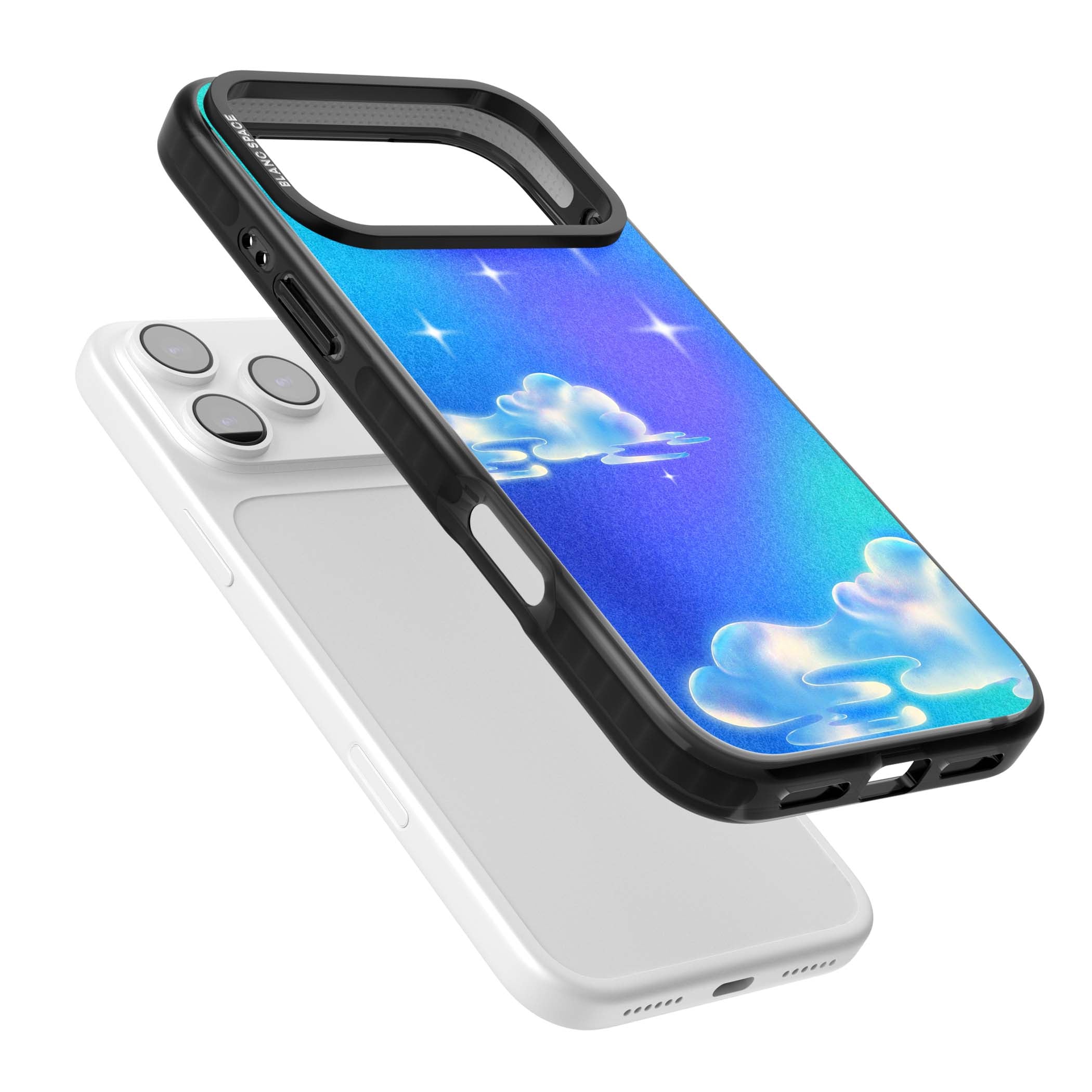 Aurora celestial iPhone case featuring dreamy iridescent clouds, sparkling stars and pastel blue purple sky | Black Impact Magsafe case for iPhone 17 Pro, iPhone 17 Pro Max