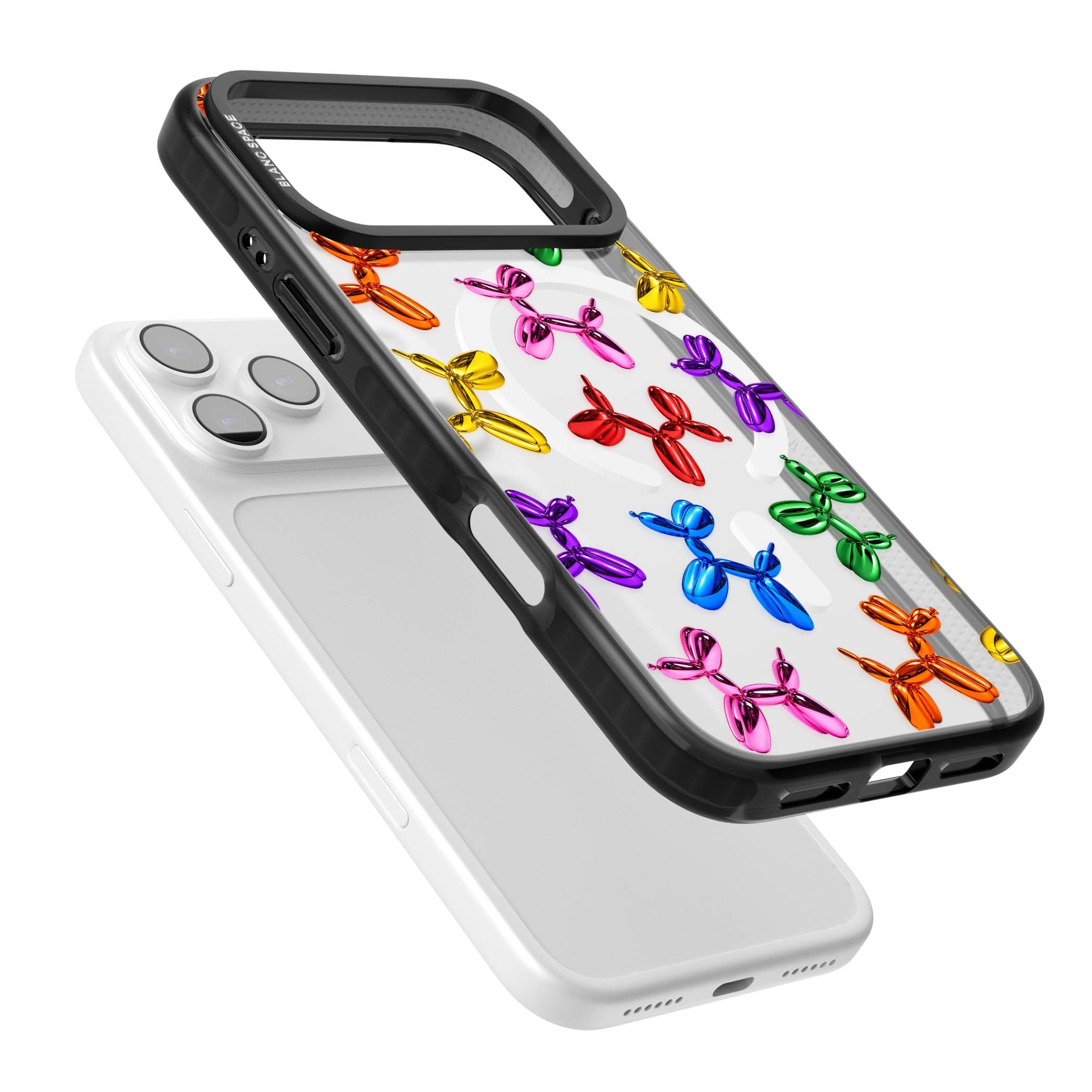 Balloon Dogs pop art iPhone case featuring rainbow chrome balloon dogs in Jeff Koons style | Black Impact Magsafe case for iPhone 17 Pro, iPhone 17 Pro Max