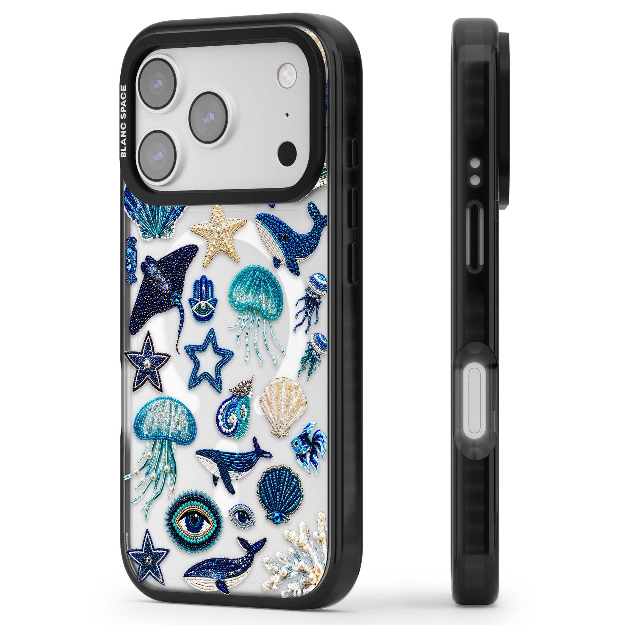 Beaded Coastal coastal iPhone case featuring embroidered seashells, jellyfish and a blue whale on clear | Black Impact Magsafe case for iPhone 17 Pro, iPhone 17 Pro Max